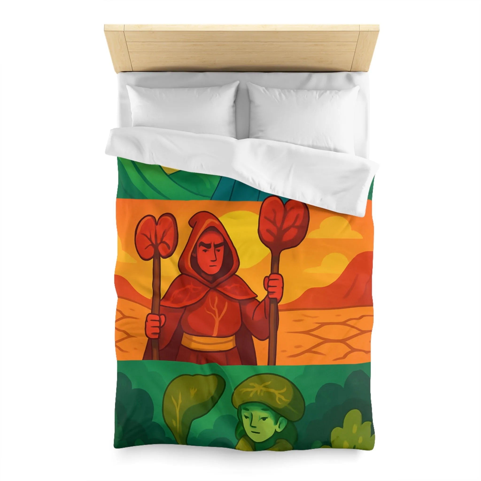 Housse de couette colorée avec trois mages, nature et paysages stylisés, ambiance apaisante