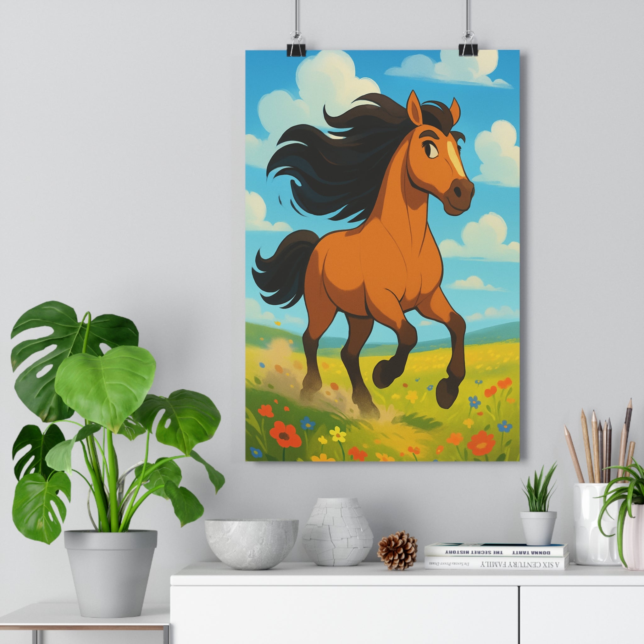 Poster décoratif cheval prairie fleurs cartoon pastel joyeux salon chambre art mural nature qualité