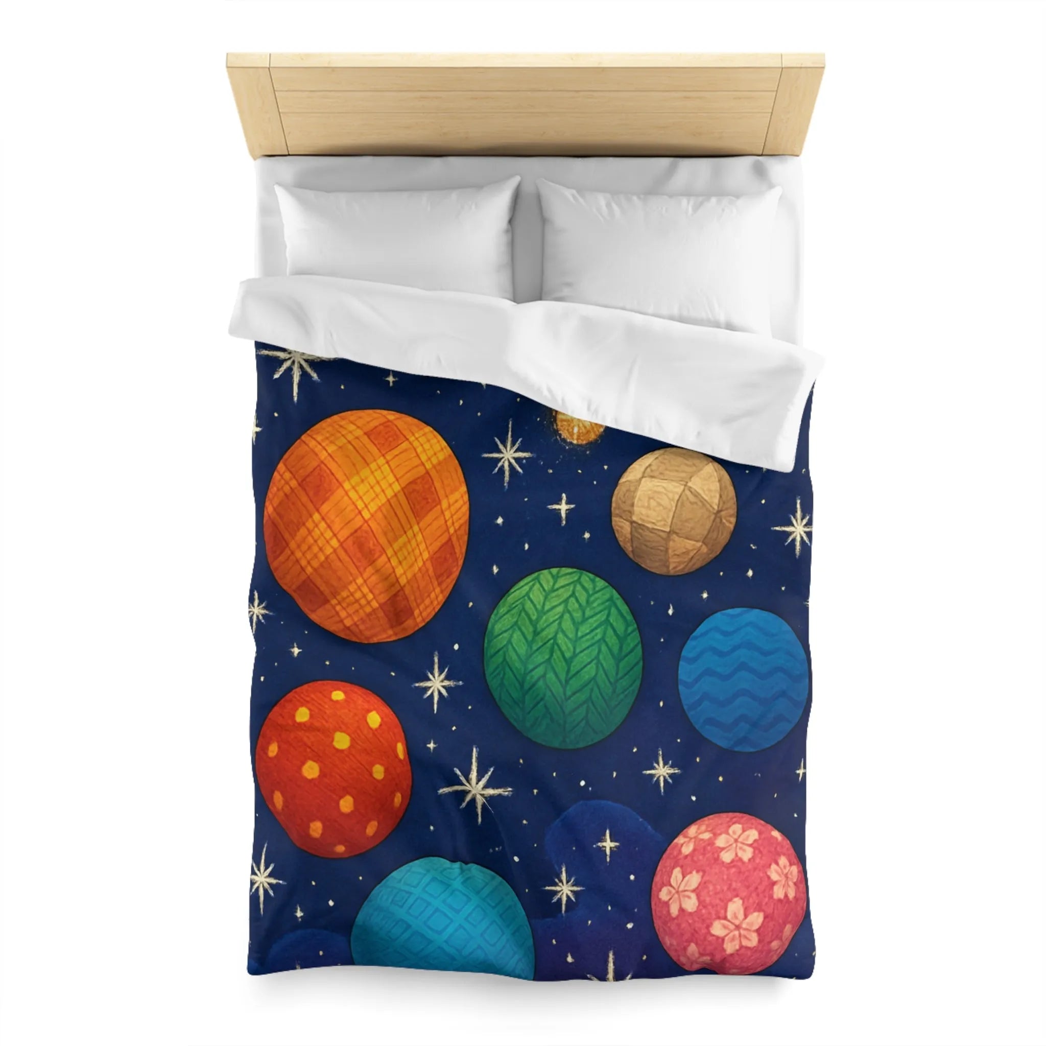 Housse de couette colorée avec planètes texturées, étoiles brillantes et nébuleuse mystique