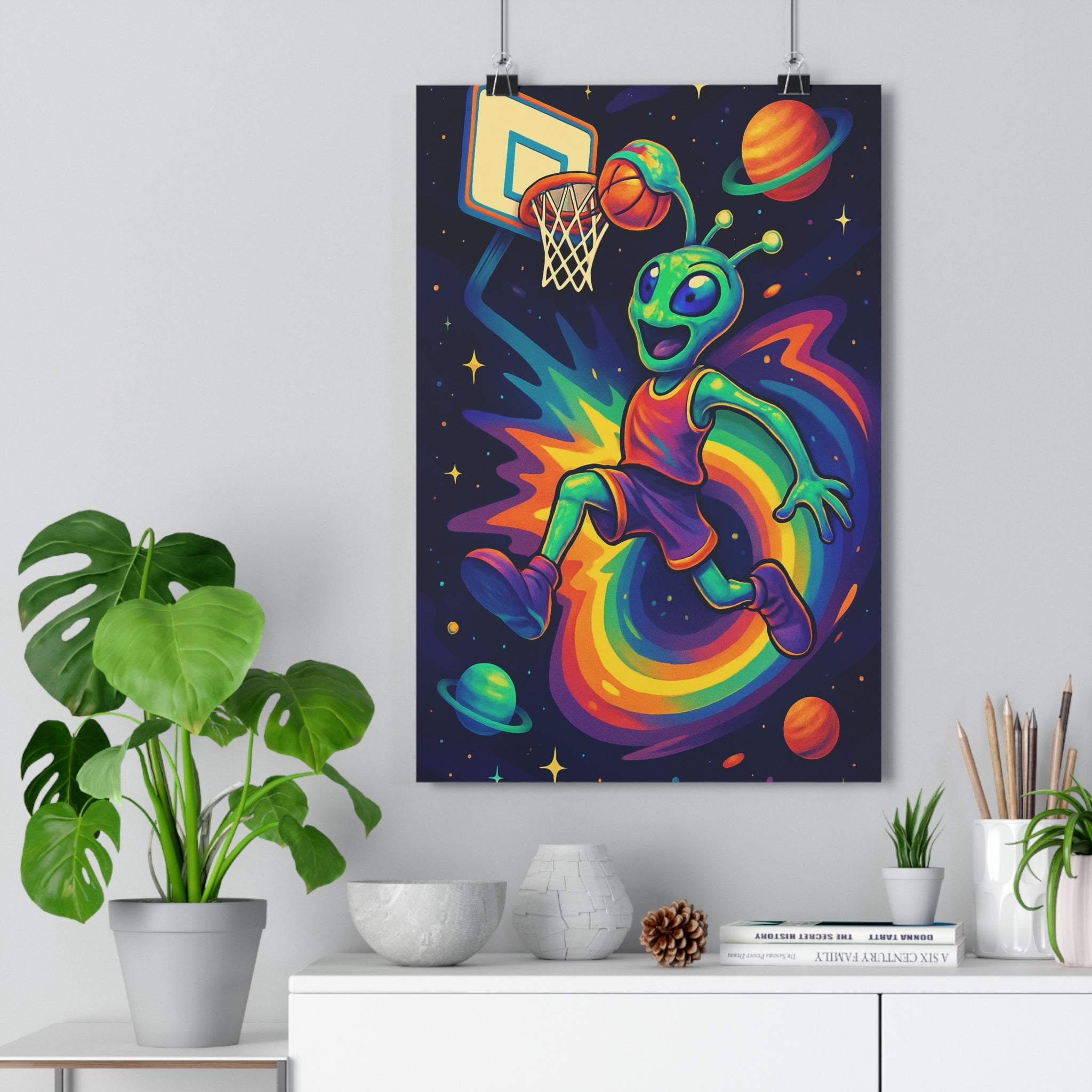 Poster décoratif extraterrestre basketball cosmique vert cartoon futuriste couleurs vives salon chambre enfant tendance