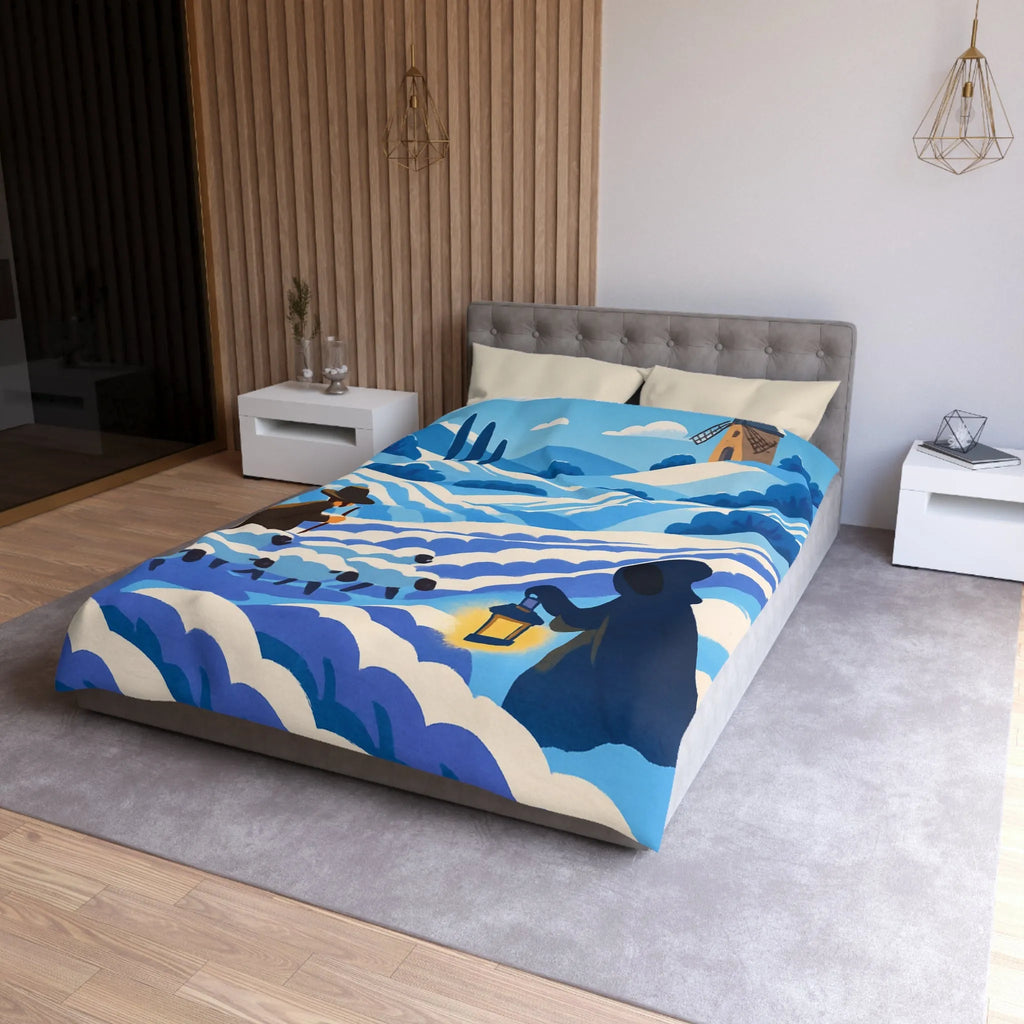 Housse de couette champêtre avec berger, moutons et moulin dans un paysage rêveur