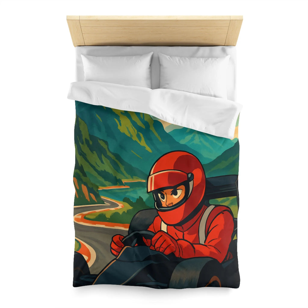 Housse de couette inspirée par une course en montagne avec conducteur en combinaison rouge