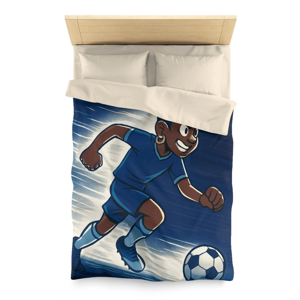 Housse de couette football dynamique garçon jouant au soccer style cartoon moderne bleu