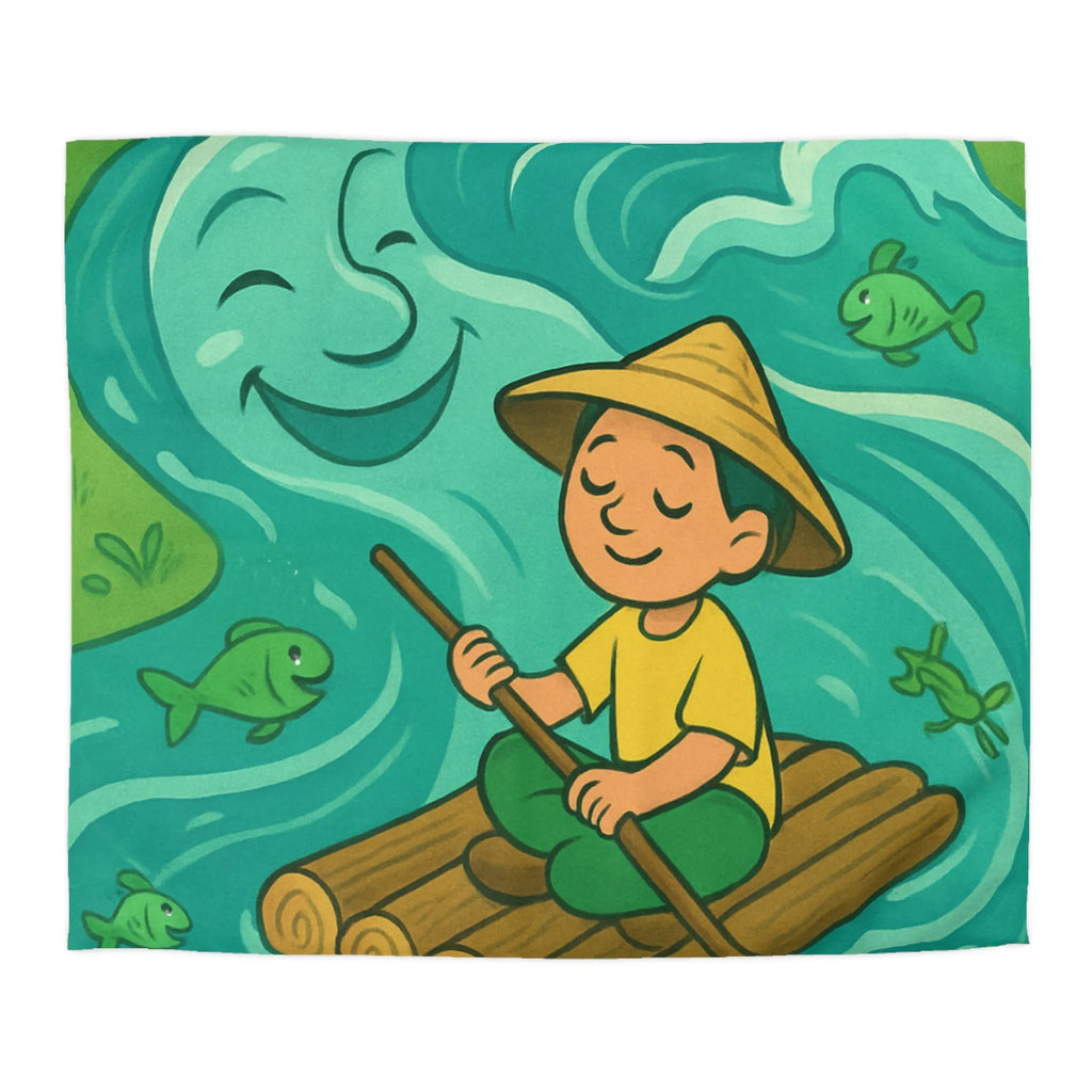 Housse de Couette Enfant avec Illustration Rêveuse de Rivière et Pêcheur Heureux