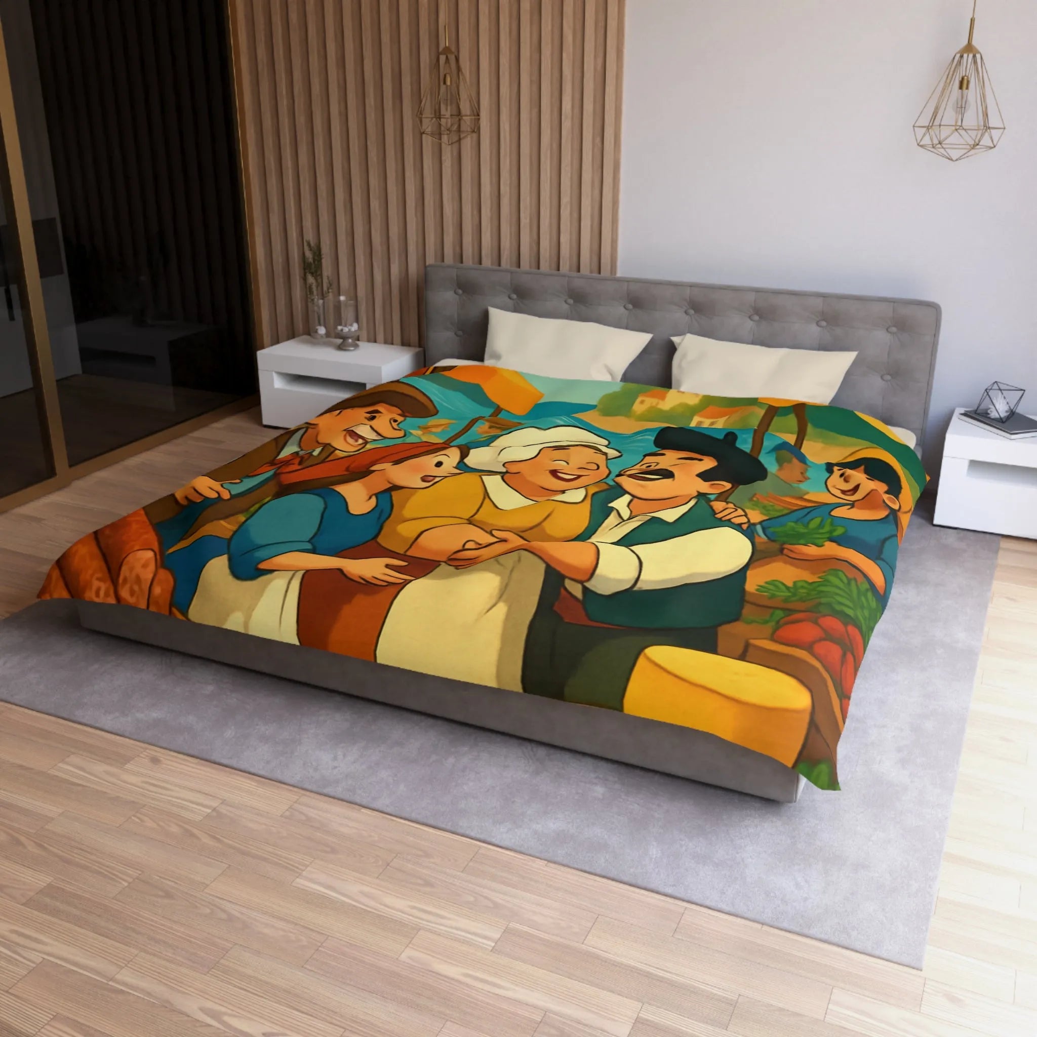 Housse de couette ambiance marché méditerranéen avec village en bord de mer