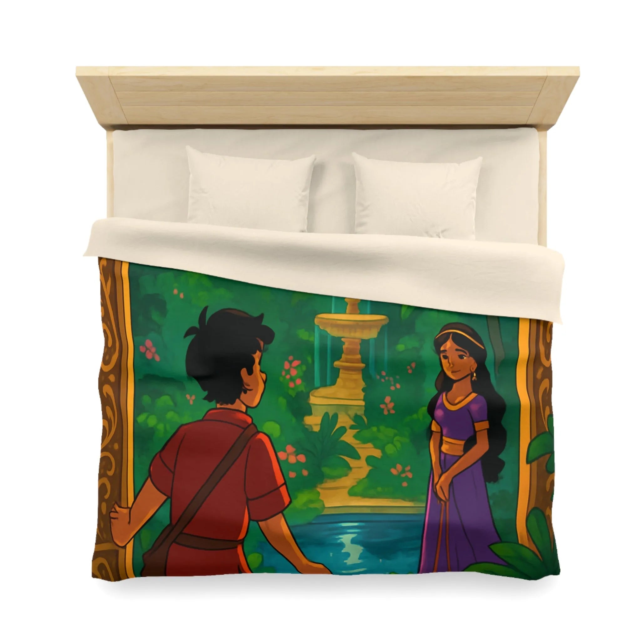 Housse De Couette Enchantée Illustrant Jardin Nocturne Avec Fontaine Et Clair De Lune