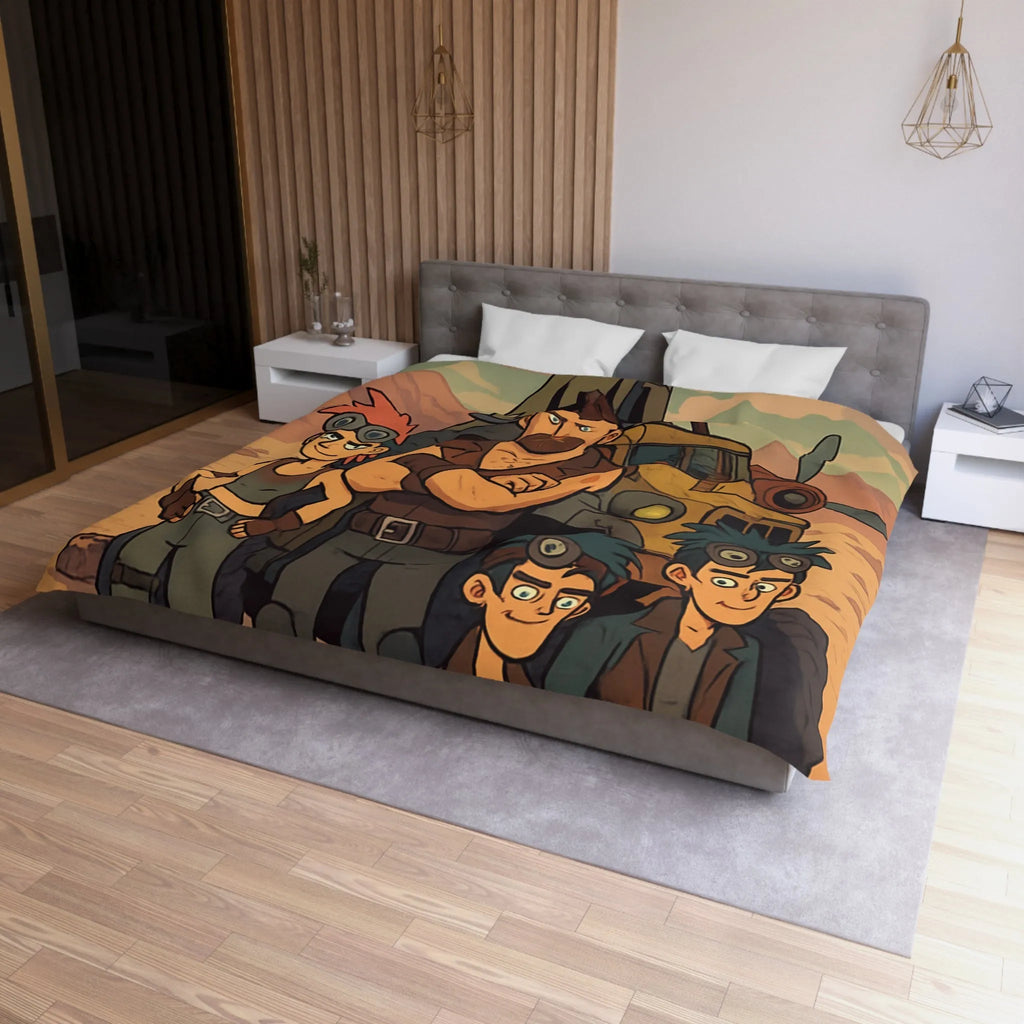 Housse de couette aventure désertique avec personnages et véhicule, style post-apocalyptique