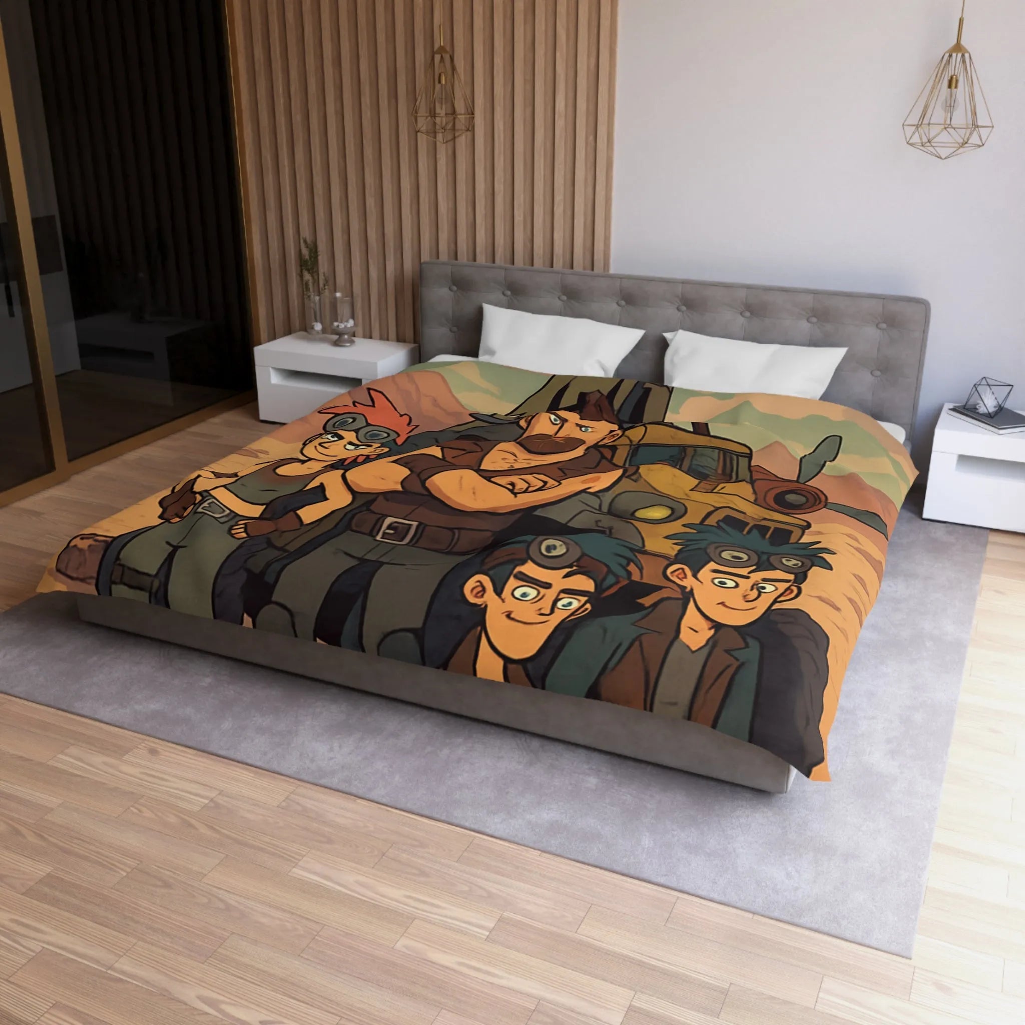 Housse de couette aventure désertique avec personnages et véhicule, style post-apocalyptique
