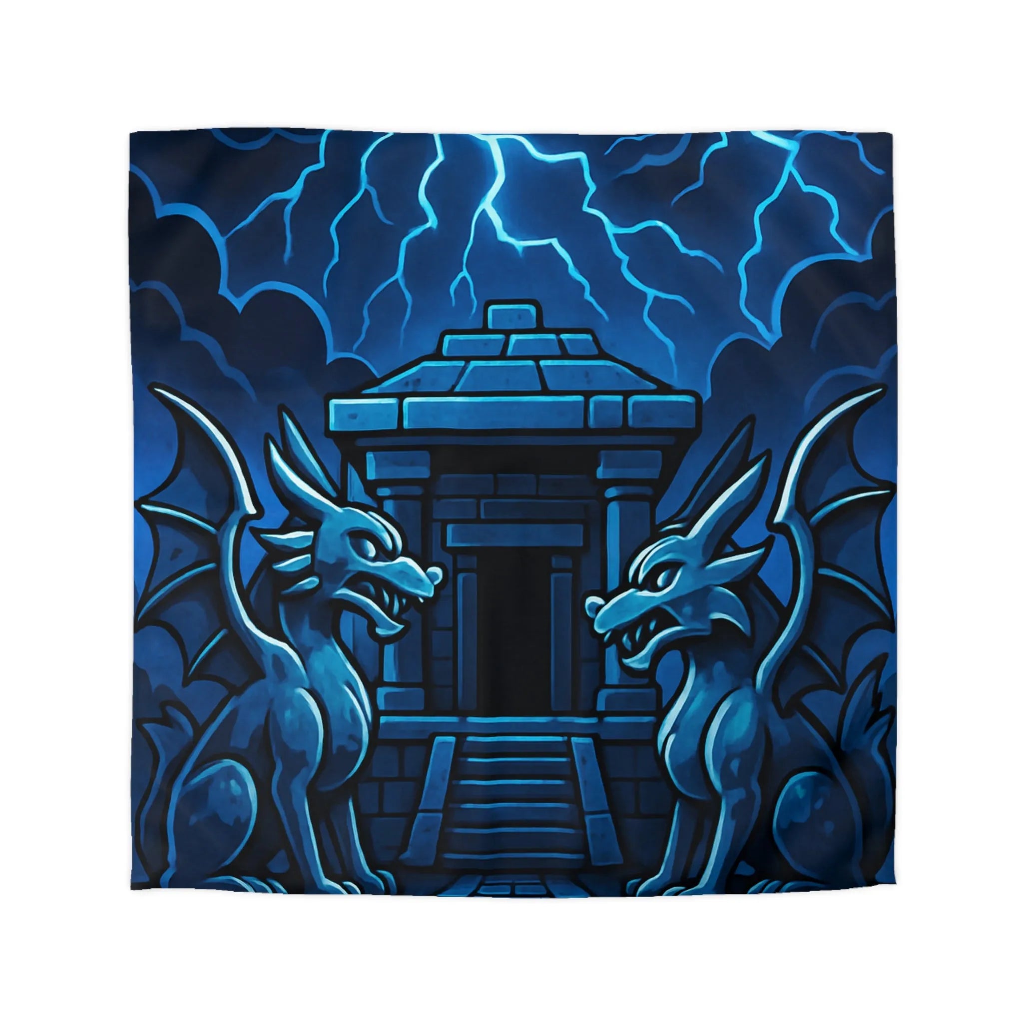 Housse de Couette Dragon Fantastique avec Temple Mystique sous Orage Nocturne en Sécurité