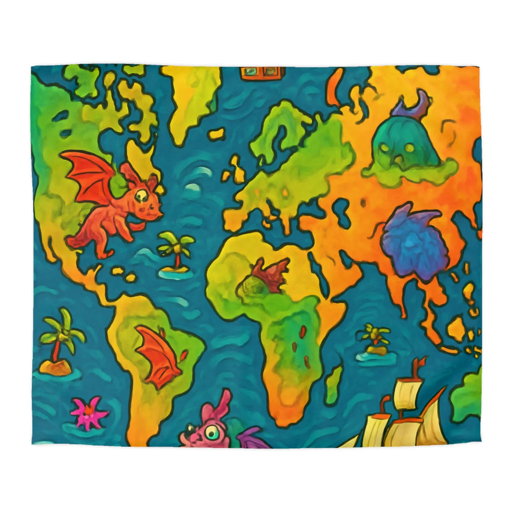 Housse de couette carte monde fantastique avec dragons et bateaux pour enfant