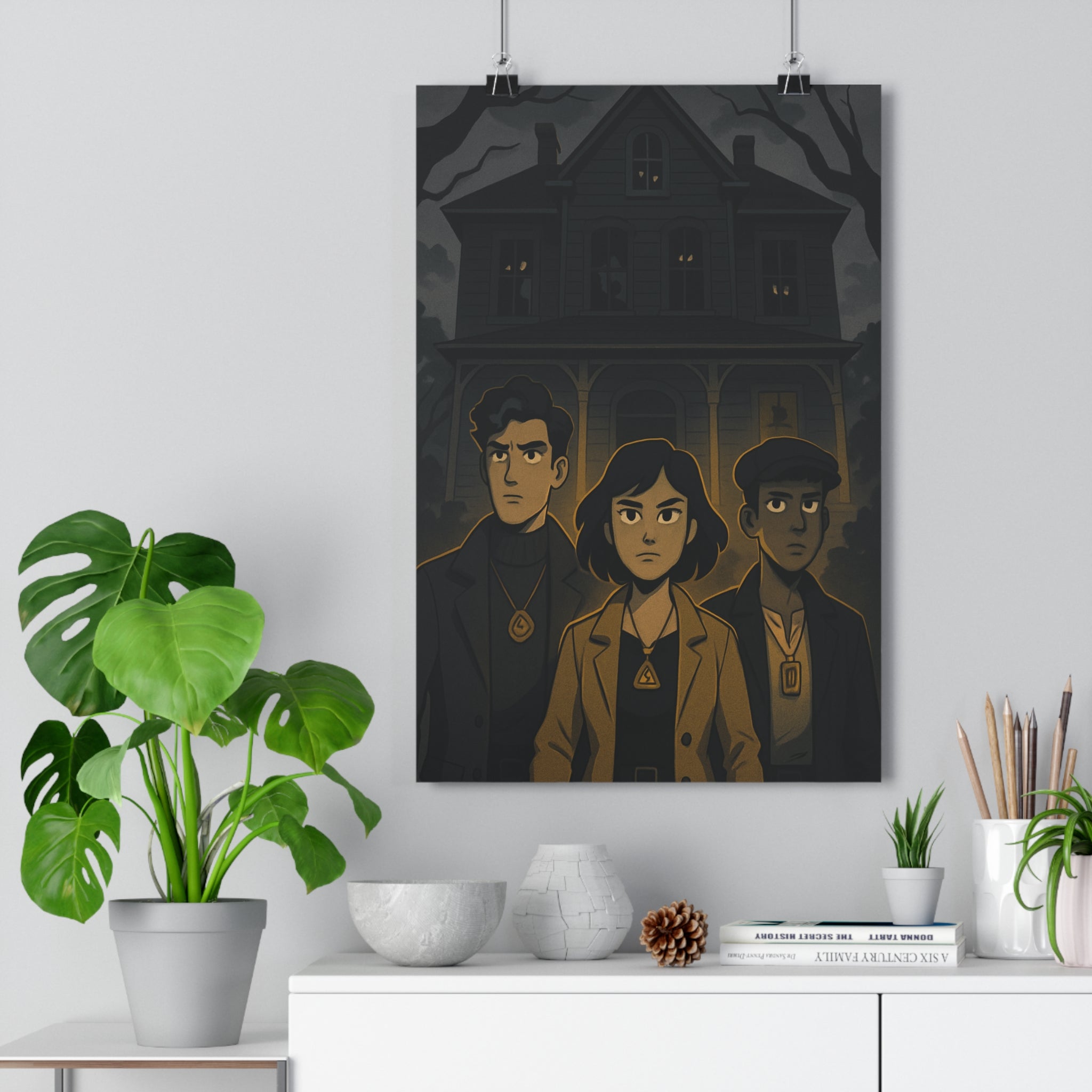 Poster décoratif cartoon mystique sombre jaune intrigant maison personnages salon chambre muralité design unique