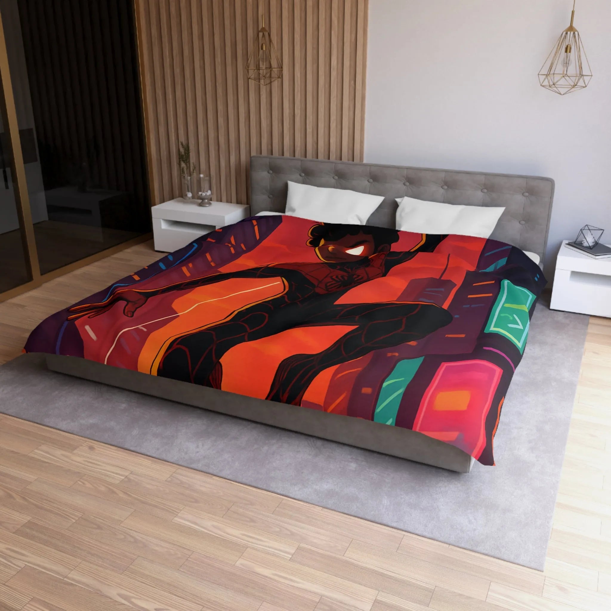 Housse de couette avec super-héros suspendu devant un coucher de soleil urbain vibrant