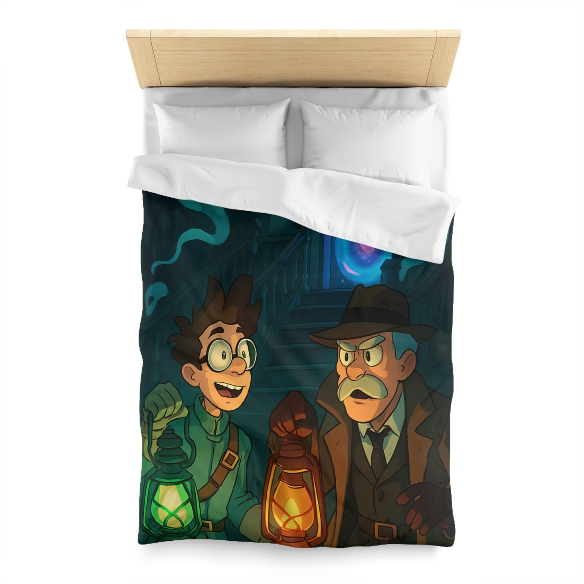 Housse de couette mystère avec lanternes, enquêteurs, fantômes et portail mystérieux