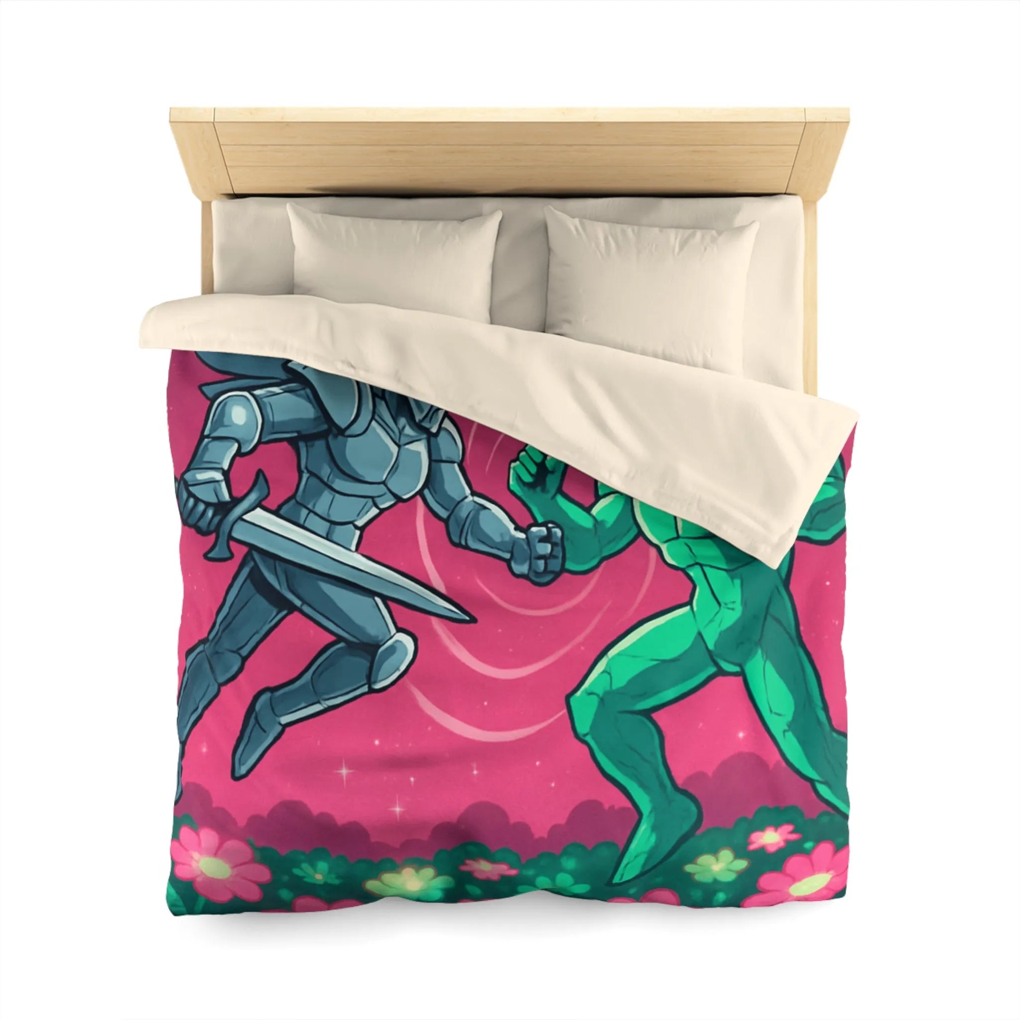 Housse de couette illustrée super-héros ailé avec scène de combat cosmique floral coloré