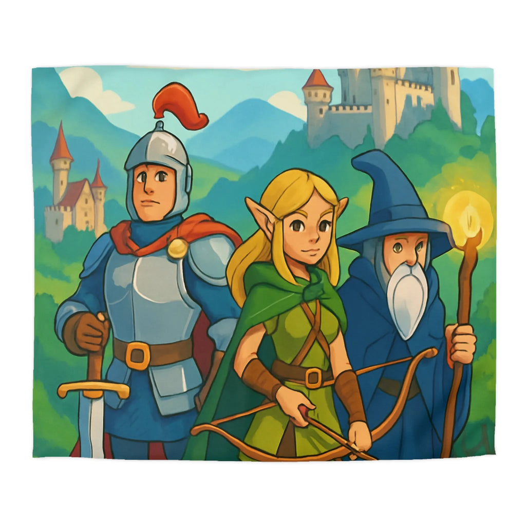 Housse de Couette Fantasy avec Chevalier, Archer Elf, Magicien, Château et Dragons