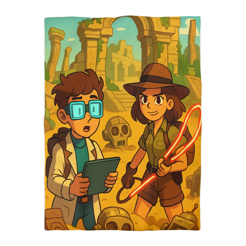 Housse de couette aventuriers explorant ruines mystérieuses en style cartoon animé coloré