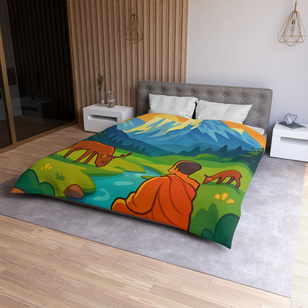 Housse de couette zen avec paysage montagneux, moine, cerfs et rivière tranquille