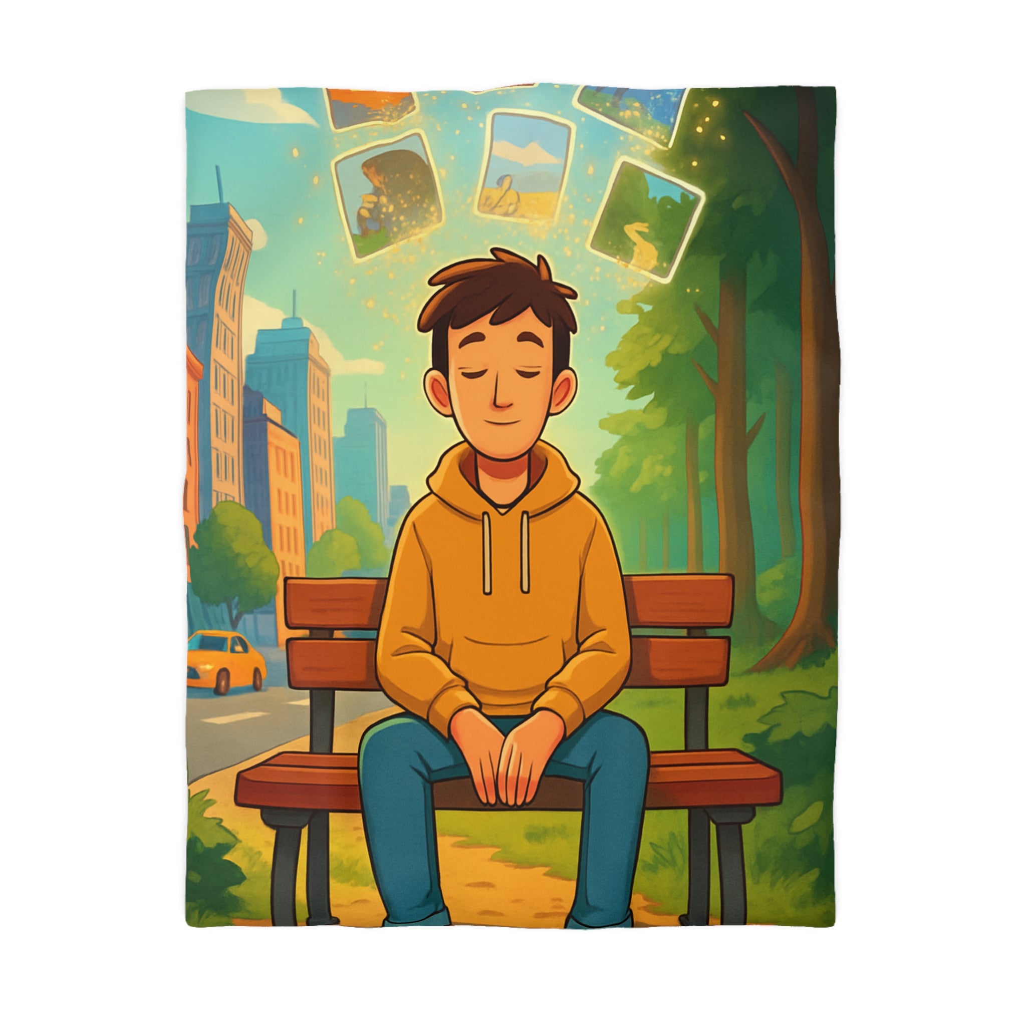 Housse de couette rêveuse garçon banco bois cartes illuminées parc illustré nature