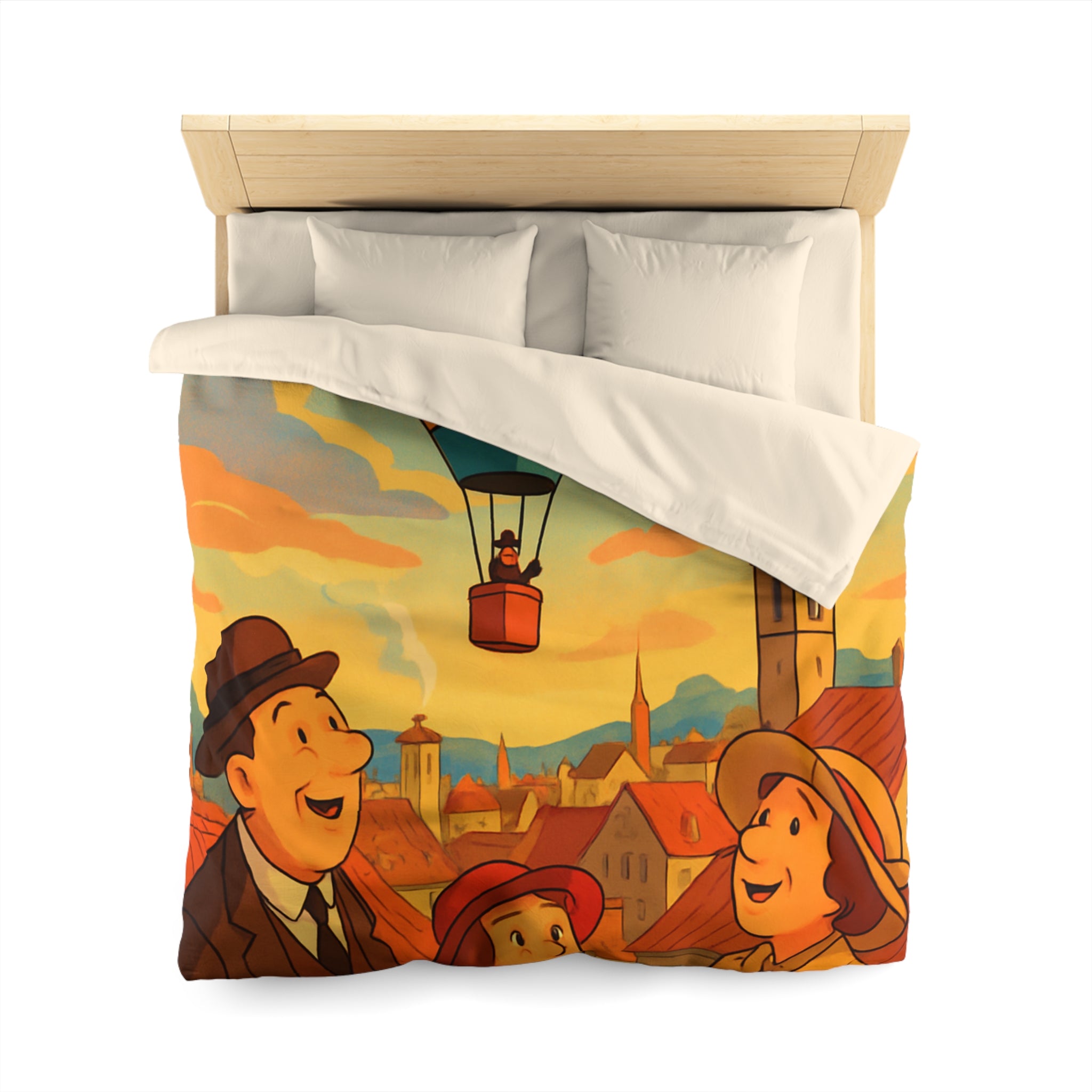 Housse de couette vintage avec montgolfière colorée et paysage urbain animé