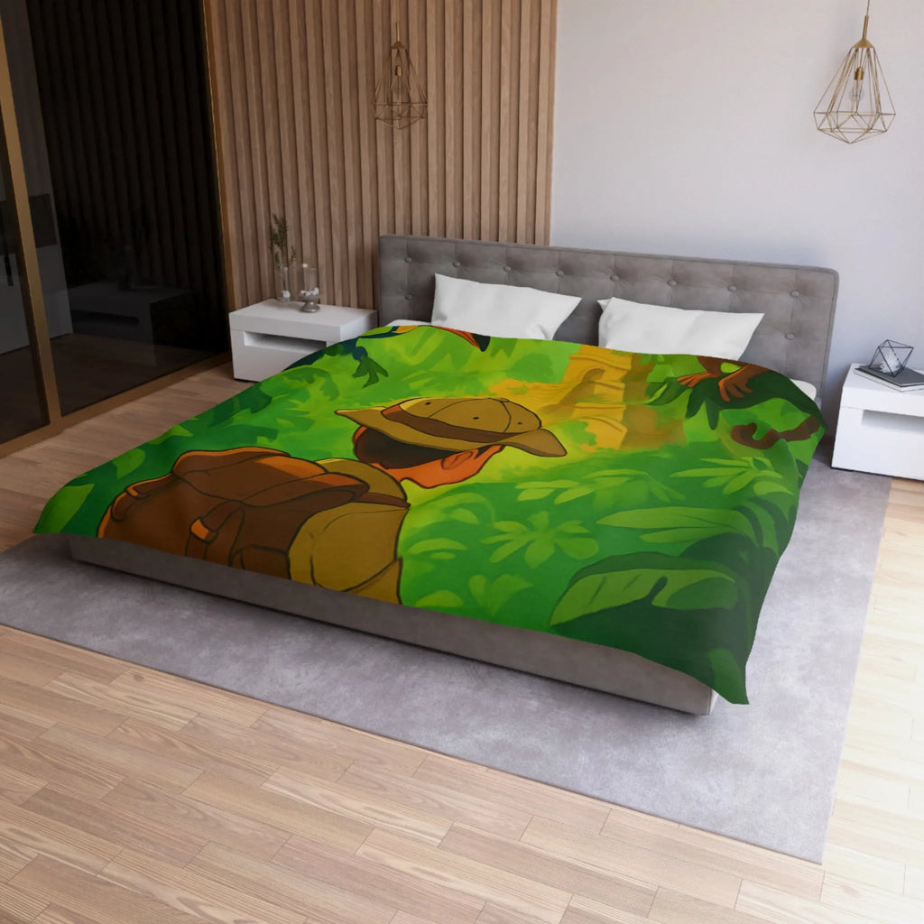 Housse de couette jungle avec aventurier, singe et toucan, ambiance explorateur