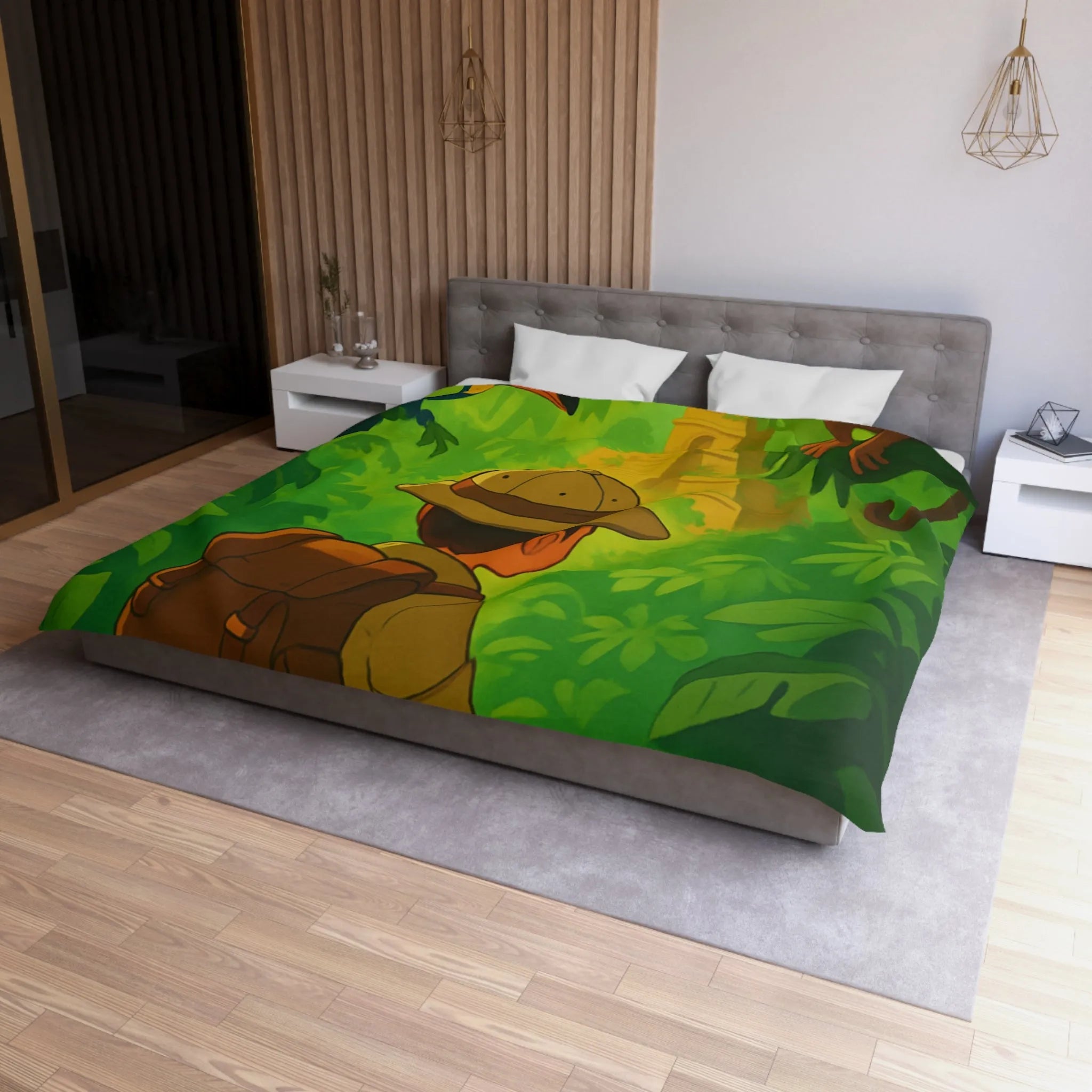 Housse de couette jungle avec aventurier, singe et toucan, ambiance explorateur