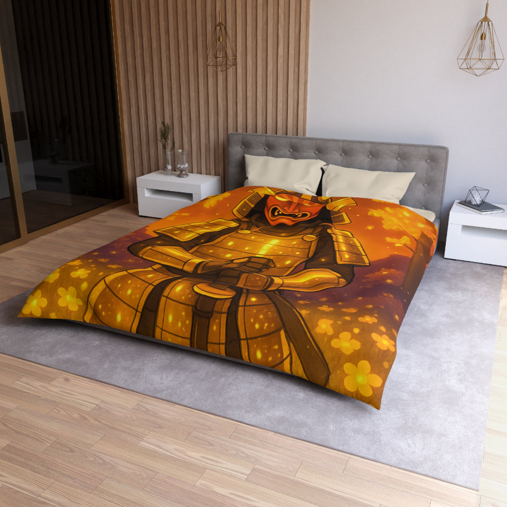 Housse de couette samouraï doré dans forêt magique, ambiance légendaire pour chambre zen