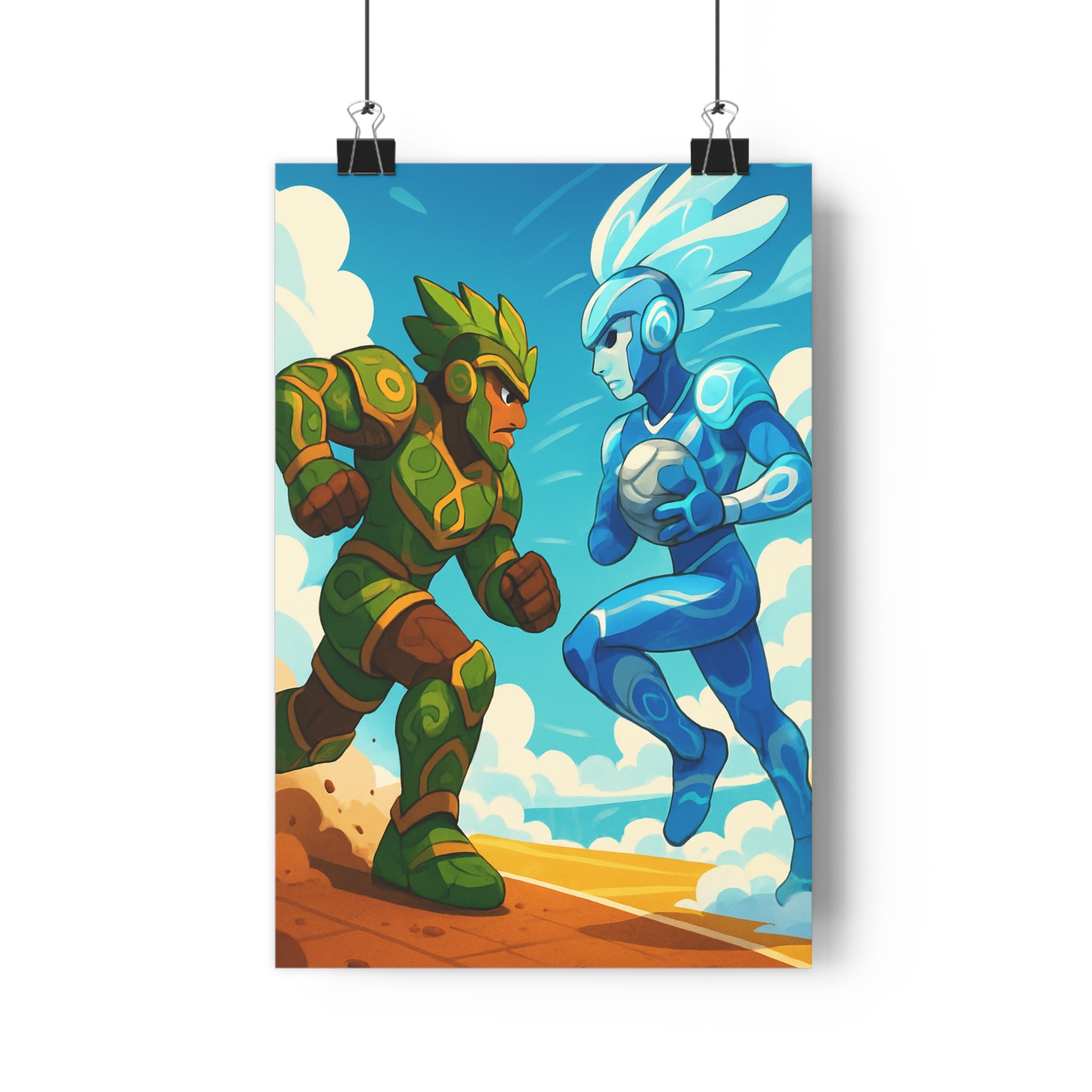 Poster décoratif cartoon vert bleu dynamique aventure sportif fantastique chambre salon vibrant nature éthéré