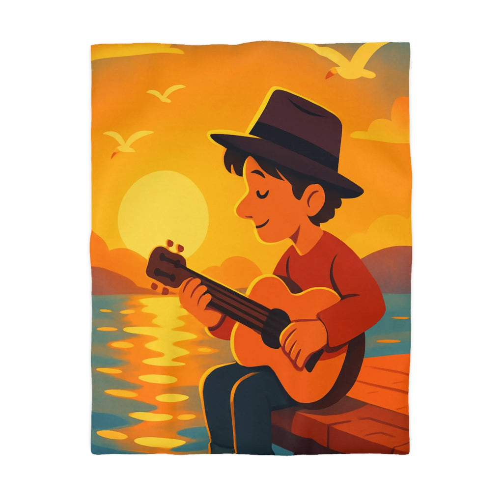 Housse de couette avec illustration relaxante d'un coucher de soleil et musicien