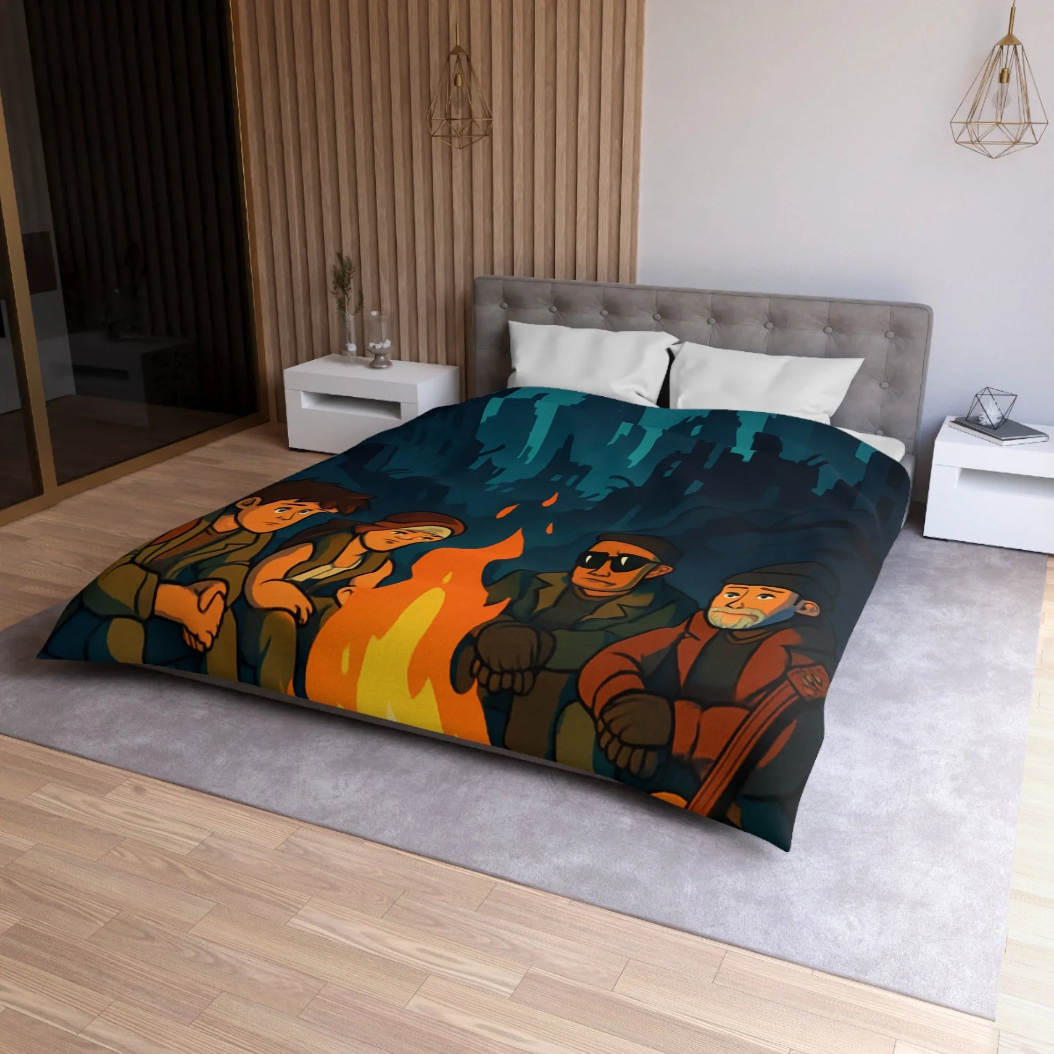 Housse de couette : scène nocturne apocalyptique avec personnages autour d'un feu de camp