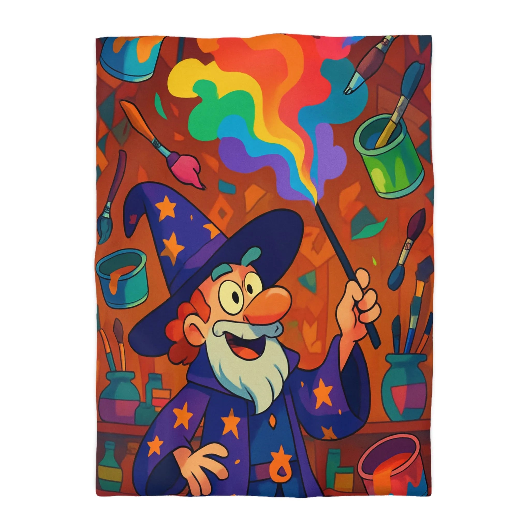 Housse de couette magique colorée avec sorcier et peinture arc-en-ciel vibrante