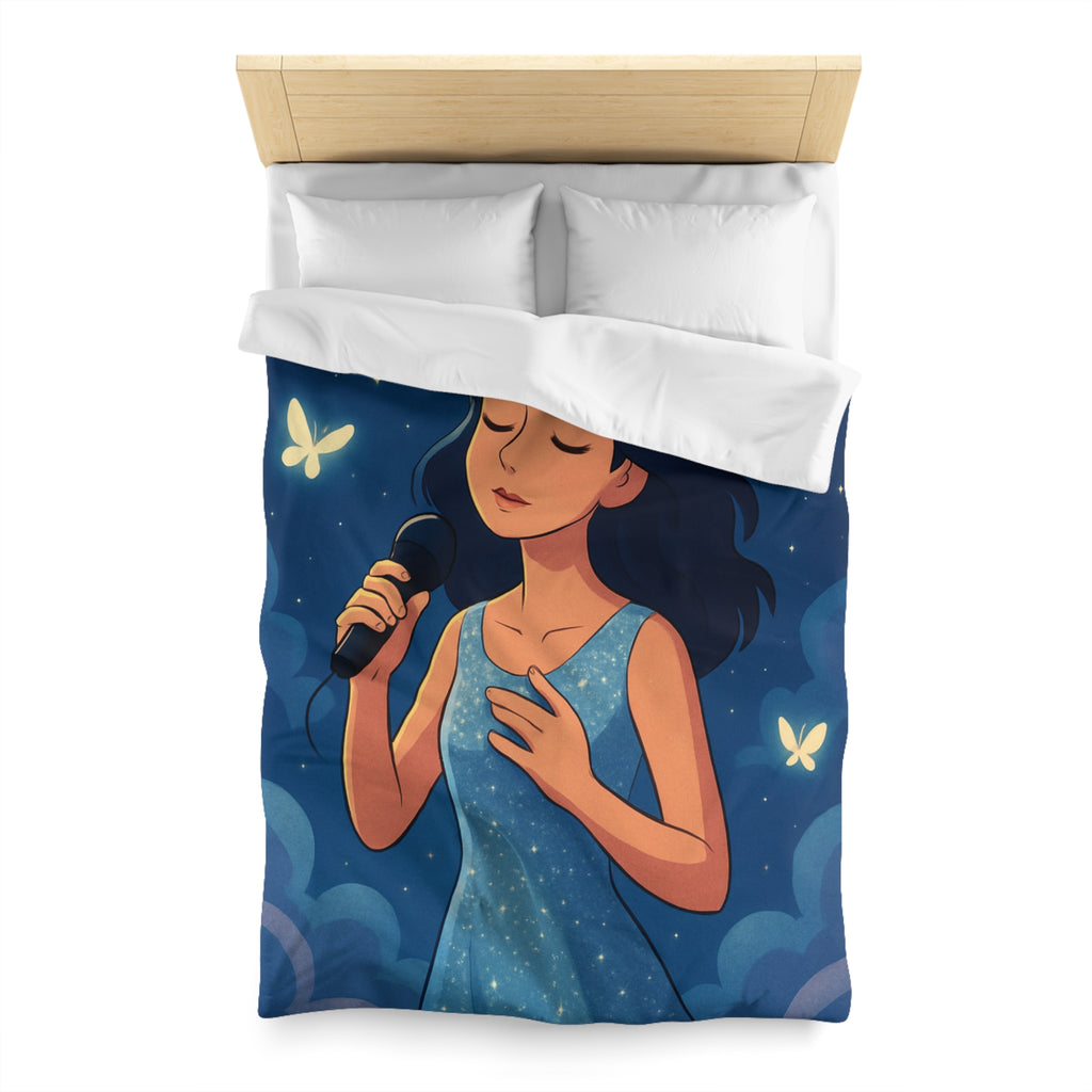 Housse de couette rêveuse avec chanteuse, papillons, lune et ciel étoilé bleu