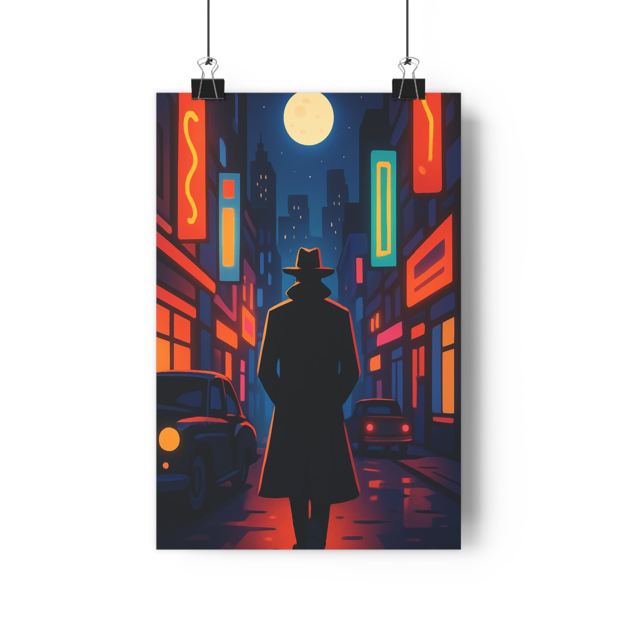 Poster décoratif silhouette urbaine néon bleu rouge orange cartoon chambre salon mystérieux 30x46 cm