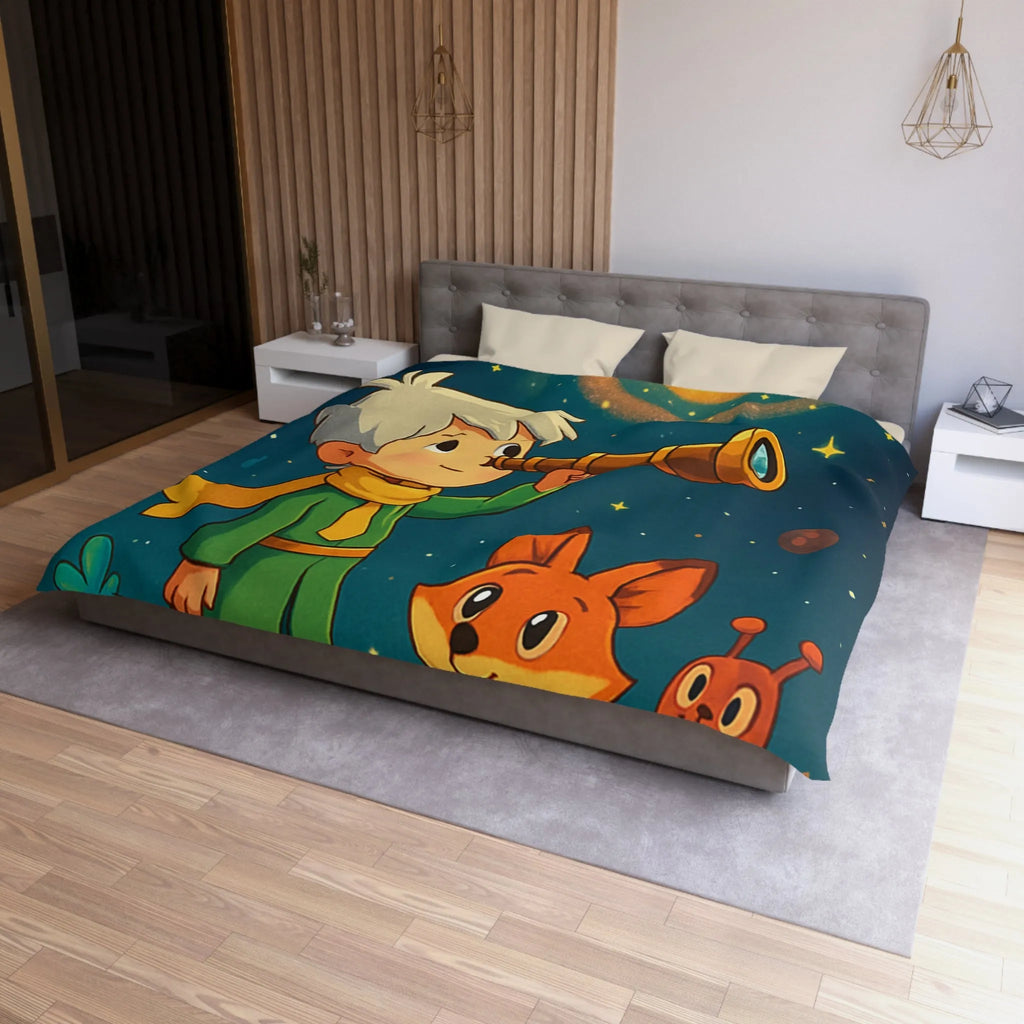 Housse de couette enfant rêveur observant les étoiles avec télescope et animaux adorables