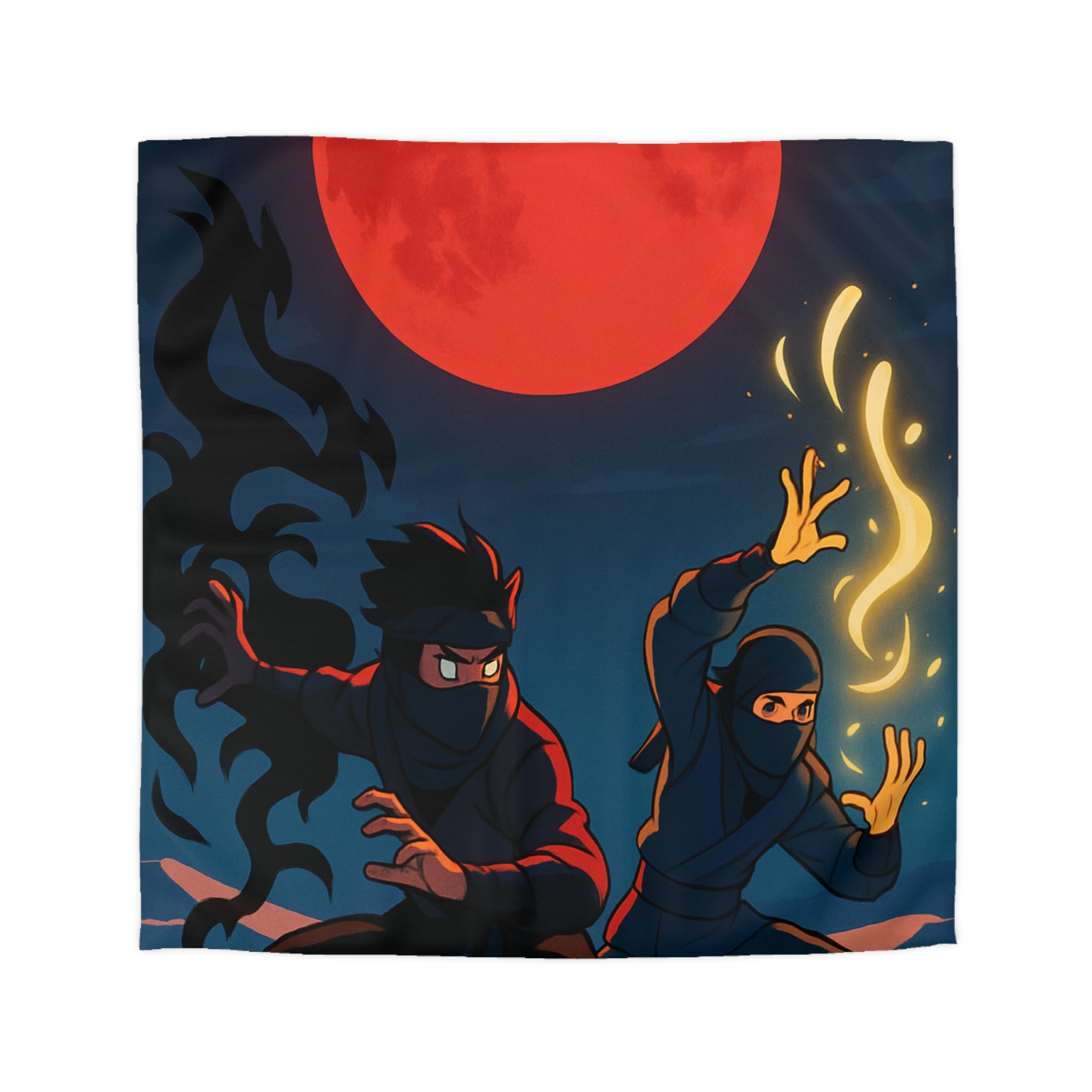 Housse de Couette Ninja avec Lune Rouge et Pouvoirs Mystiques en Fond Sombre