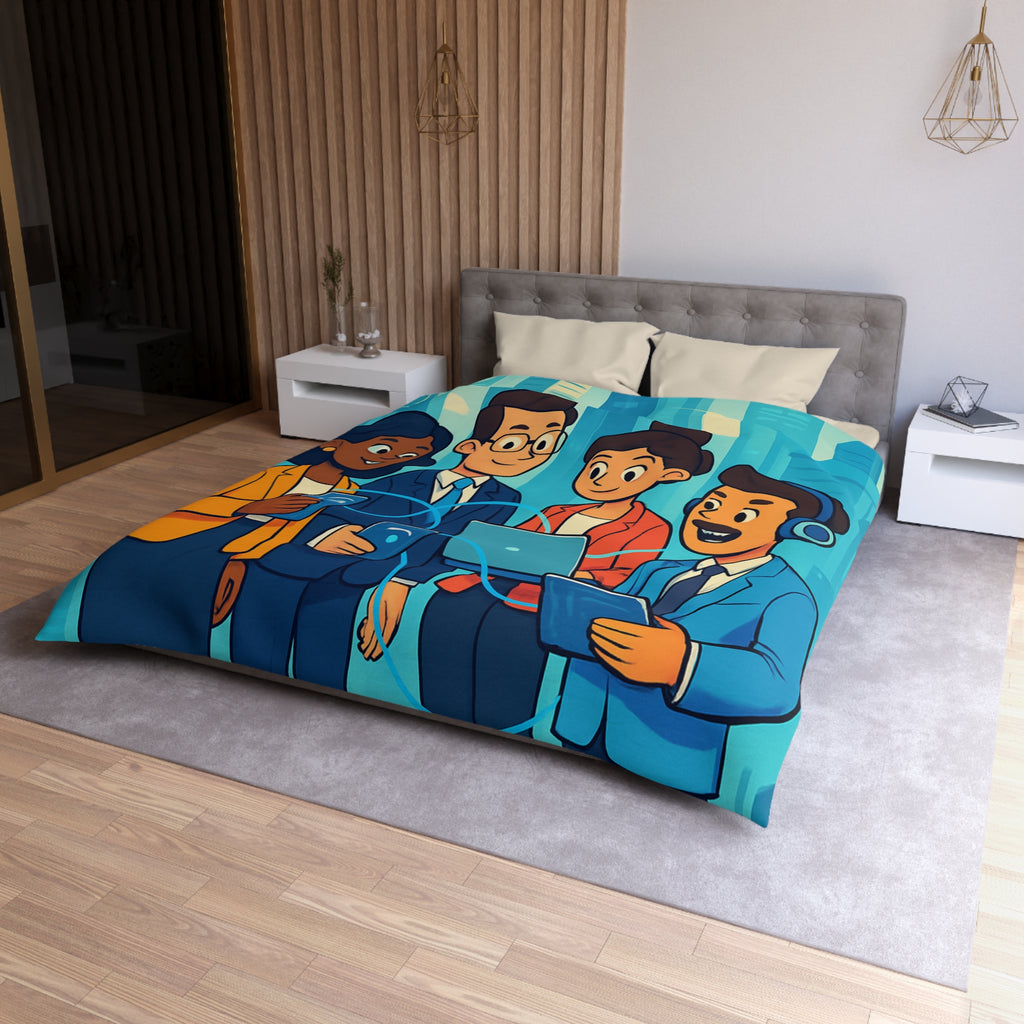 Housse de couette moderne illustrant équipe collaborative en milieu urbain technologique