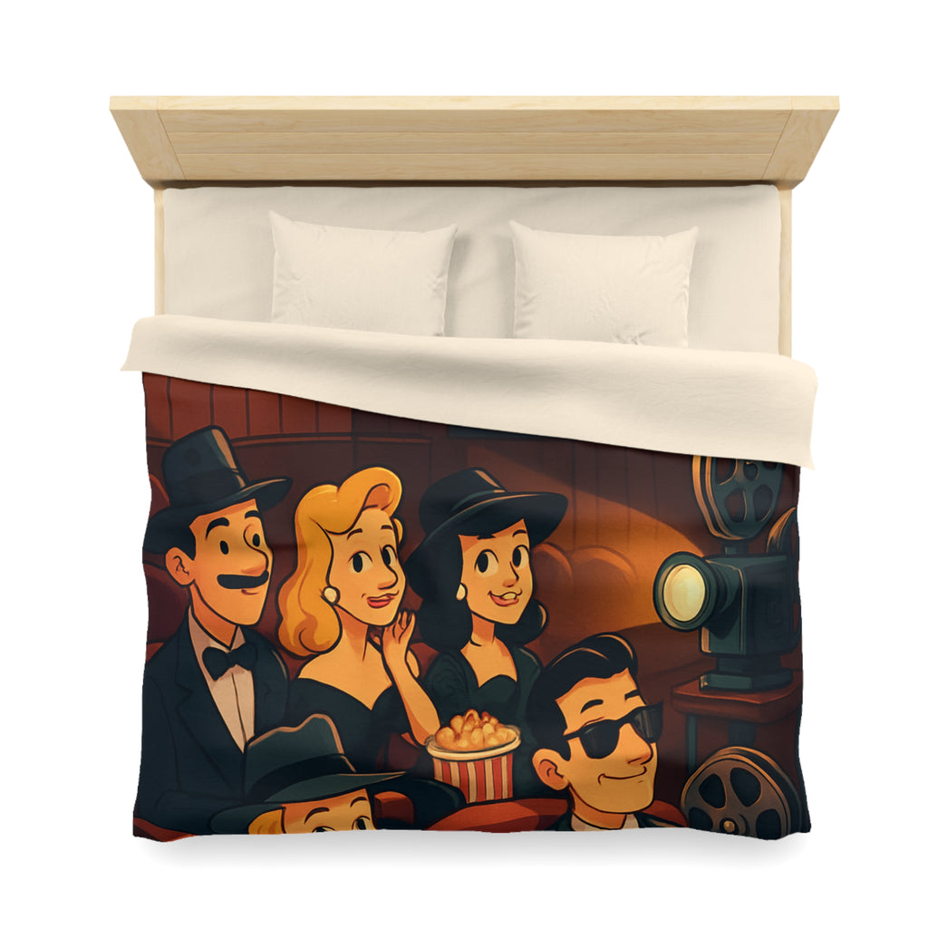 Housse de Couette Rétro Cinéma avec Scène de Spectateurs Élégants et Projecteur