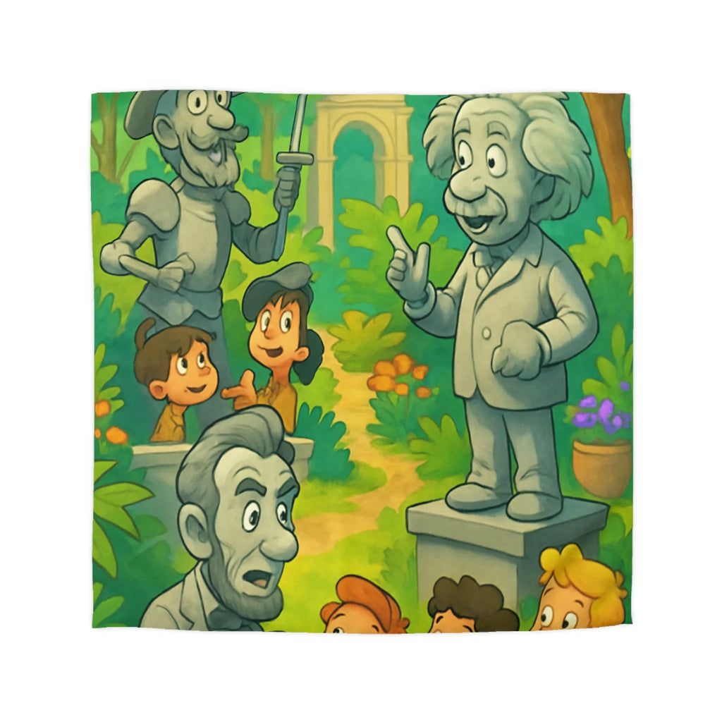 Housse de couette illustrée avec personnages historiques et enfants dans un jardin coloré