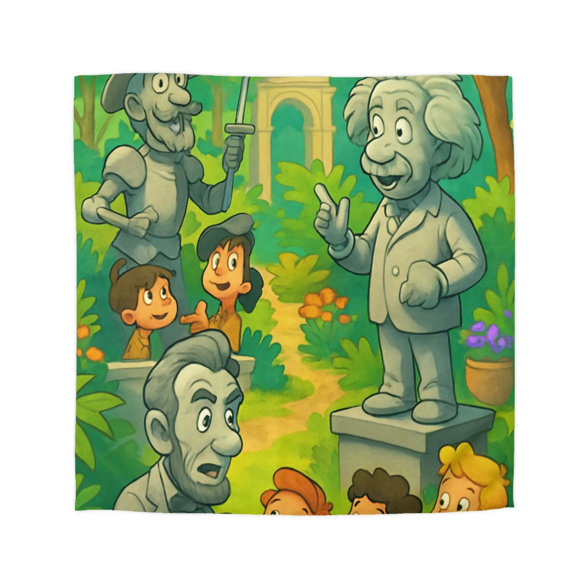 Housse de couette illustrée avec personnages historiques et enfants dans un jardin coloré