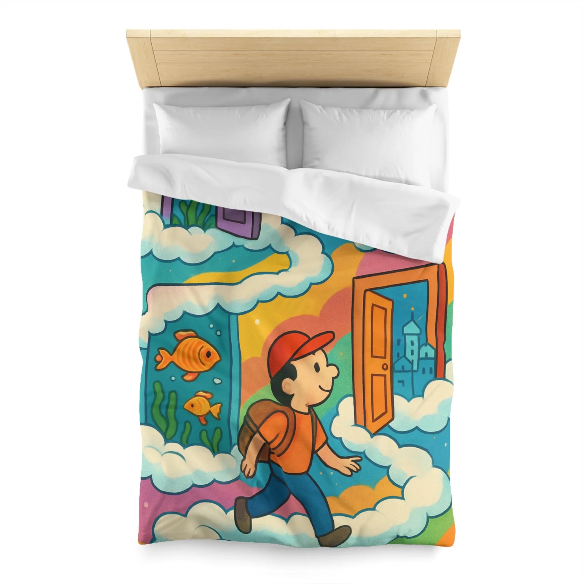Housse de couette colorée avec portes magiques, nuages et aventure pour enfants rêveurs