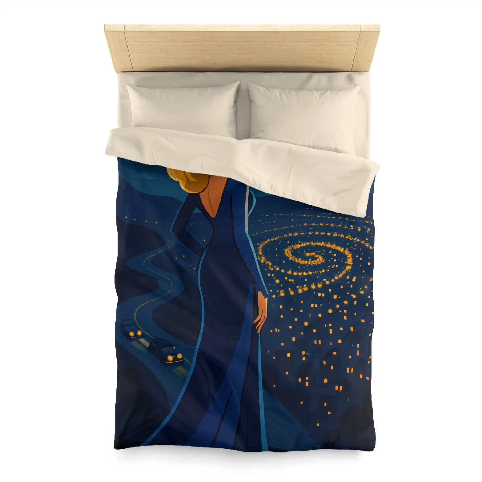 Élégante femme blonde contemplant un paysage nocturne étoilé en robe bleue longue