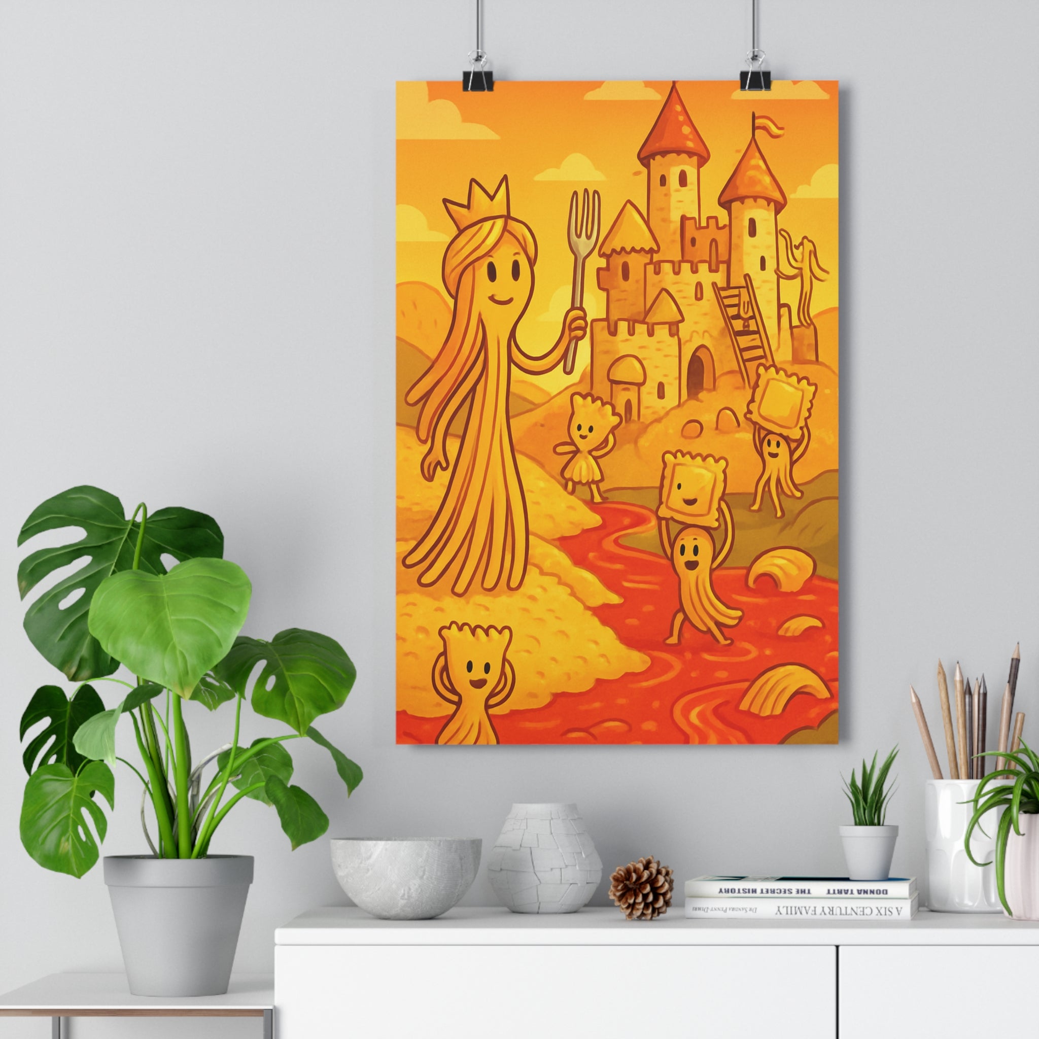 Poster décoratif joyeux cartoon jaune orange aventure chambre enfant fantaisie cuisine spaghetti paysage raviolis