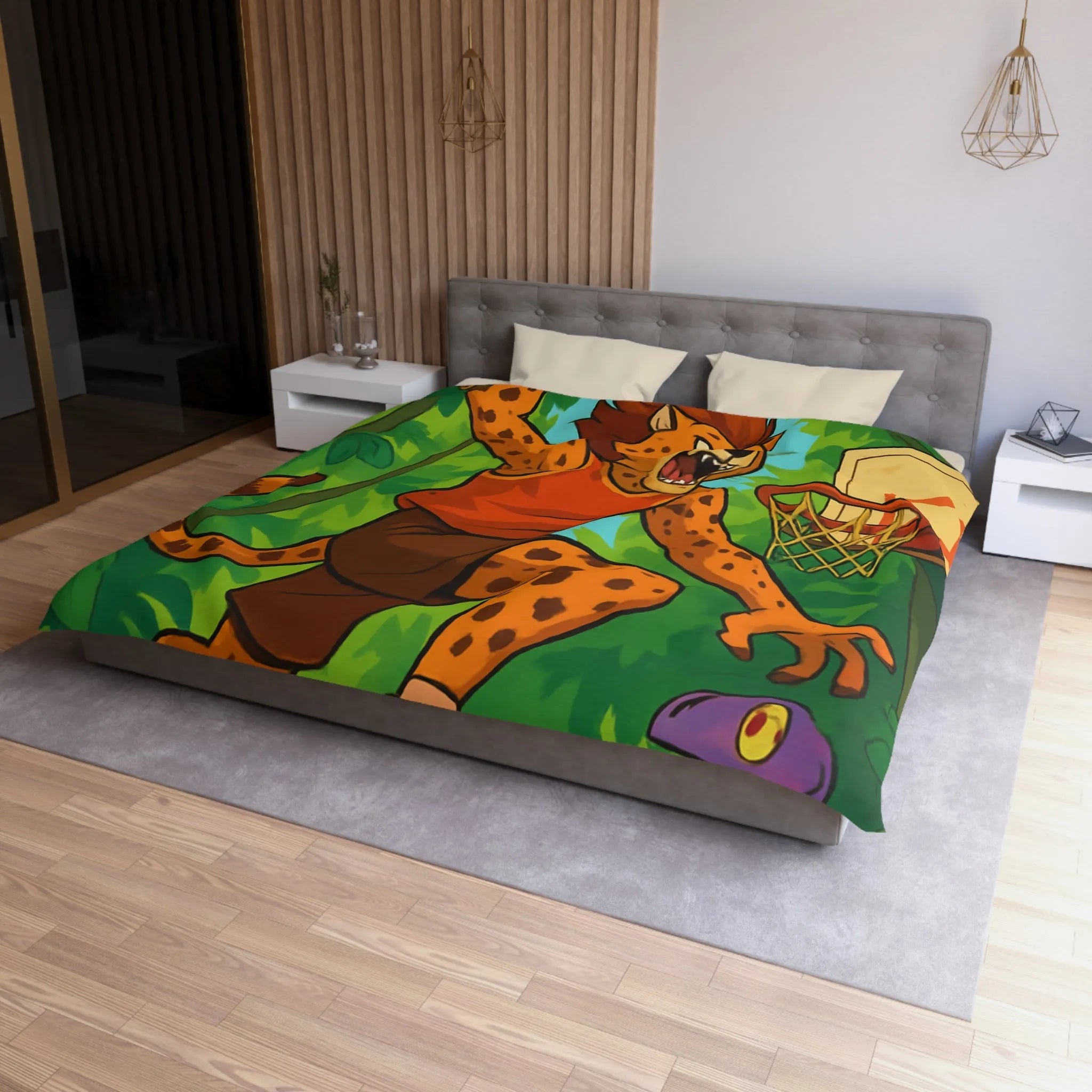 Housse de couette jungle dynamique avec lionceaux jouant au basket dans la forêt