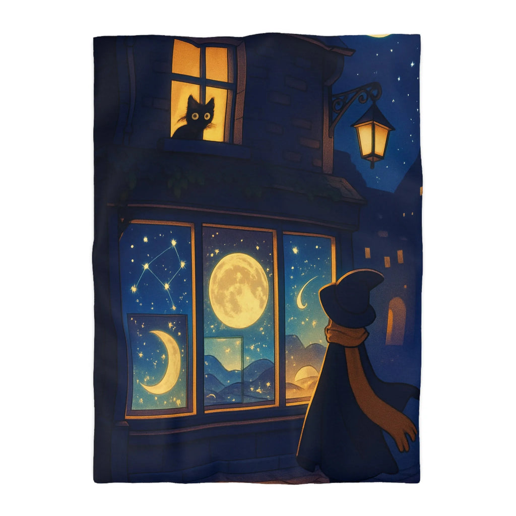 Housse de couette magique avec scène nocturne féerique, chat mystique et ciel étoilé