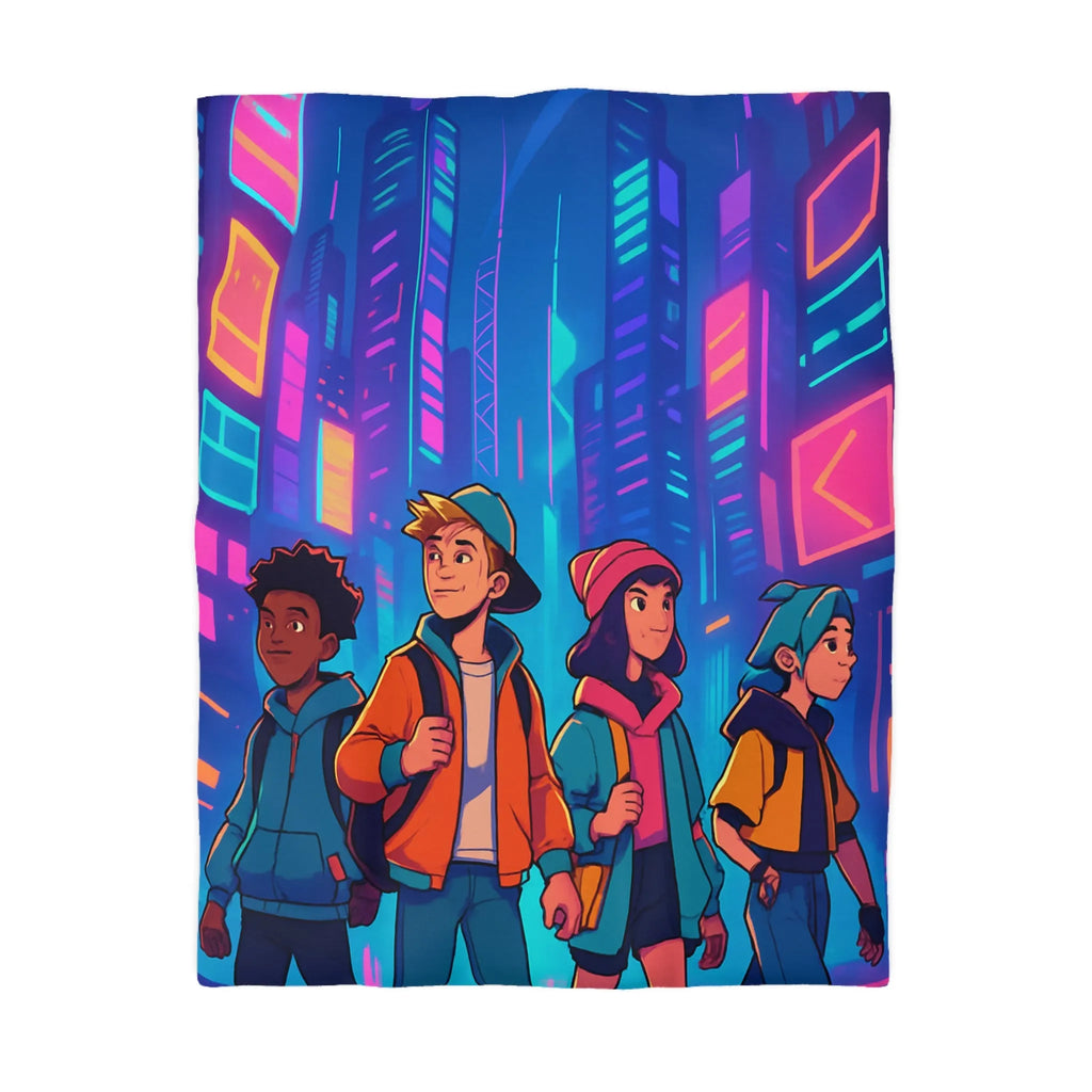 Couette Futuriste Enfants Explorateurs Style Rétro-Cyberpunk avec Néons Colorés pour Chambre Moderne