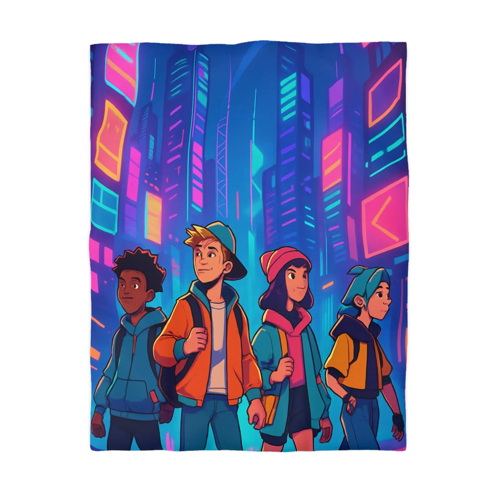Couette Futuriste Enfants Explorateurs Style Rétro-Cyberpunk avec Néons Colorés pour Chambre Moderne