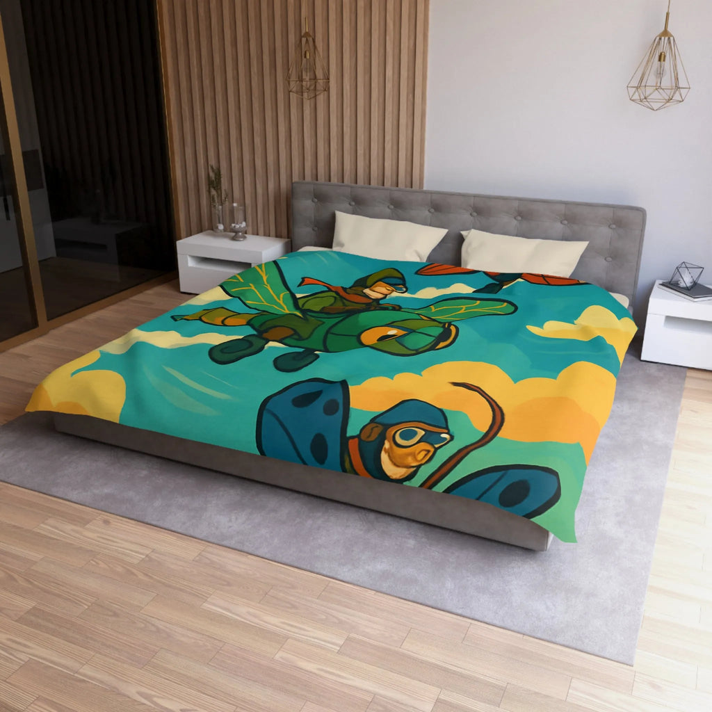 Housse de couette avec motif ludique d'avions insectes sur fond de ciel coloré