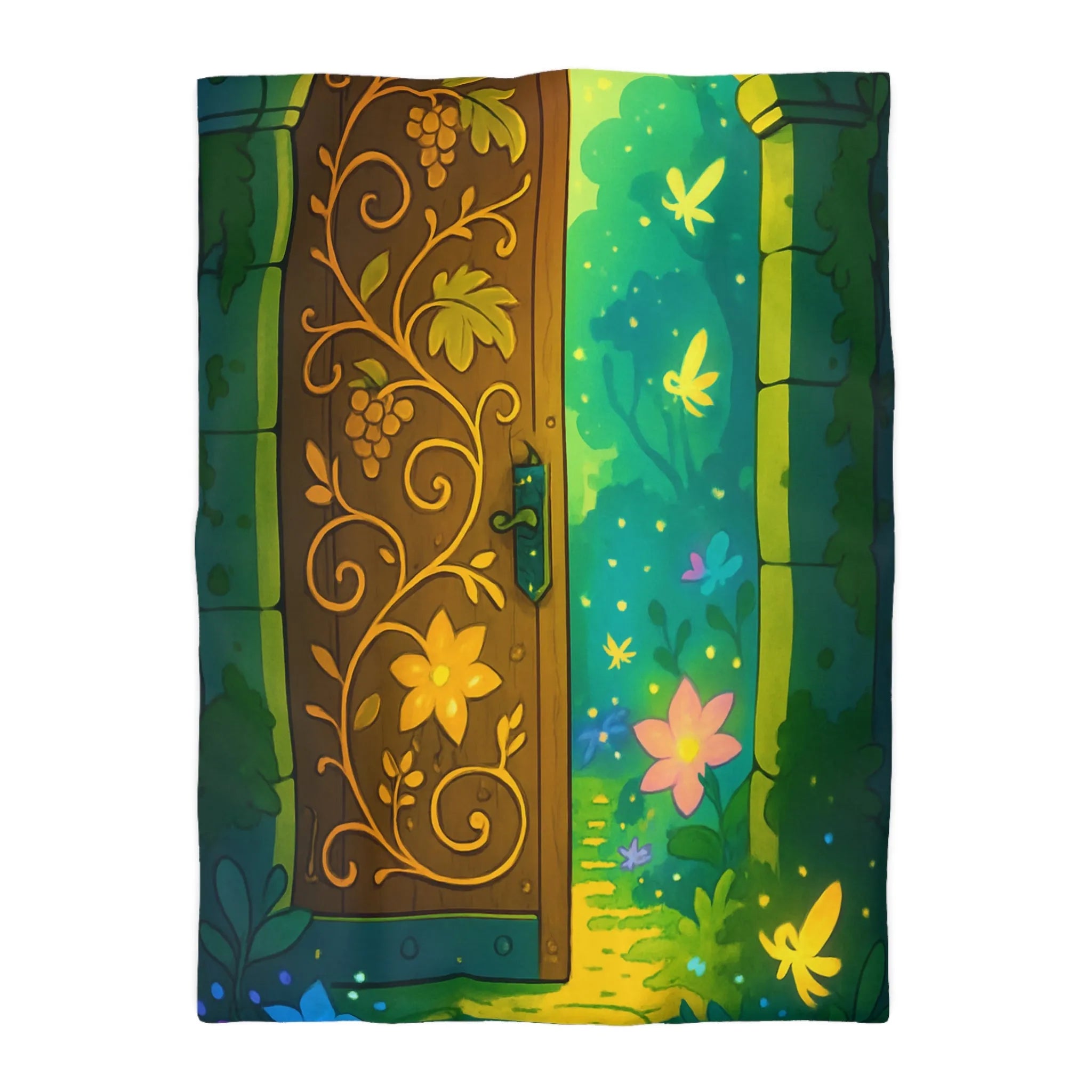 Housse de couette magique avec motif de porte mystique illuminée et papillons colorés