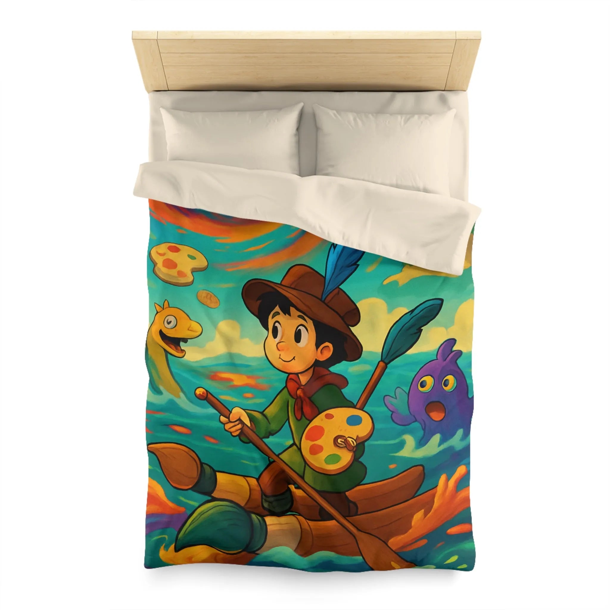 Housse de couette aquarelle enfantine, enfant peignant dans un tourbillon de couleurs vives