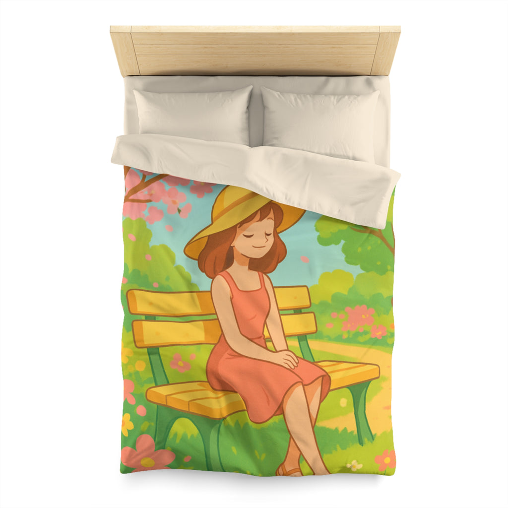 Housse De Couette Motif Printanier Banc Fleurs Ciel Bleu Style Illustration Paisible