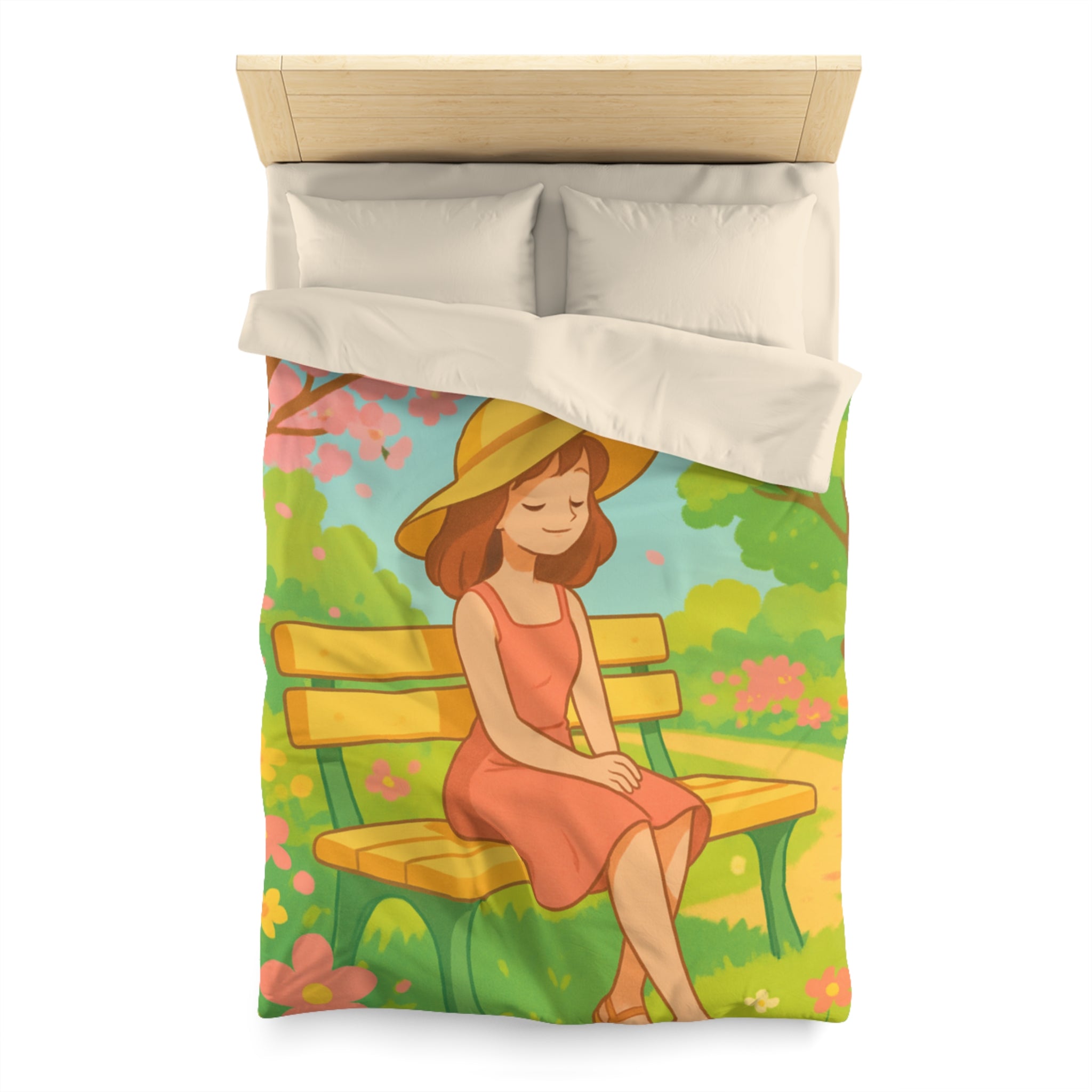 Housse De Couette Motif Printanier Banc Fleurs Ciel Bleu Style Illustration Paisible